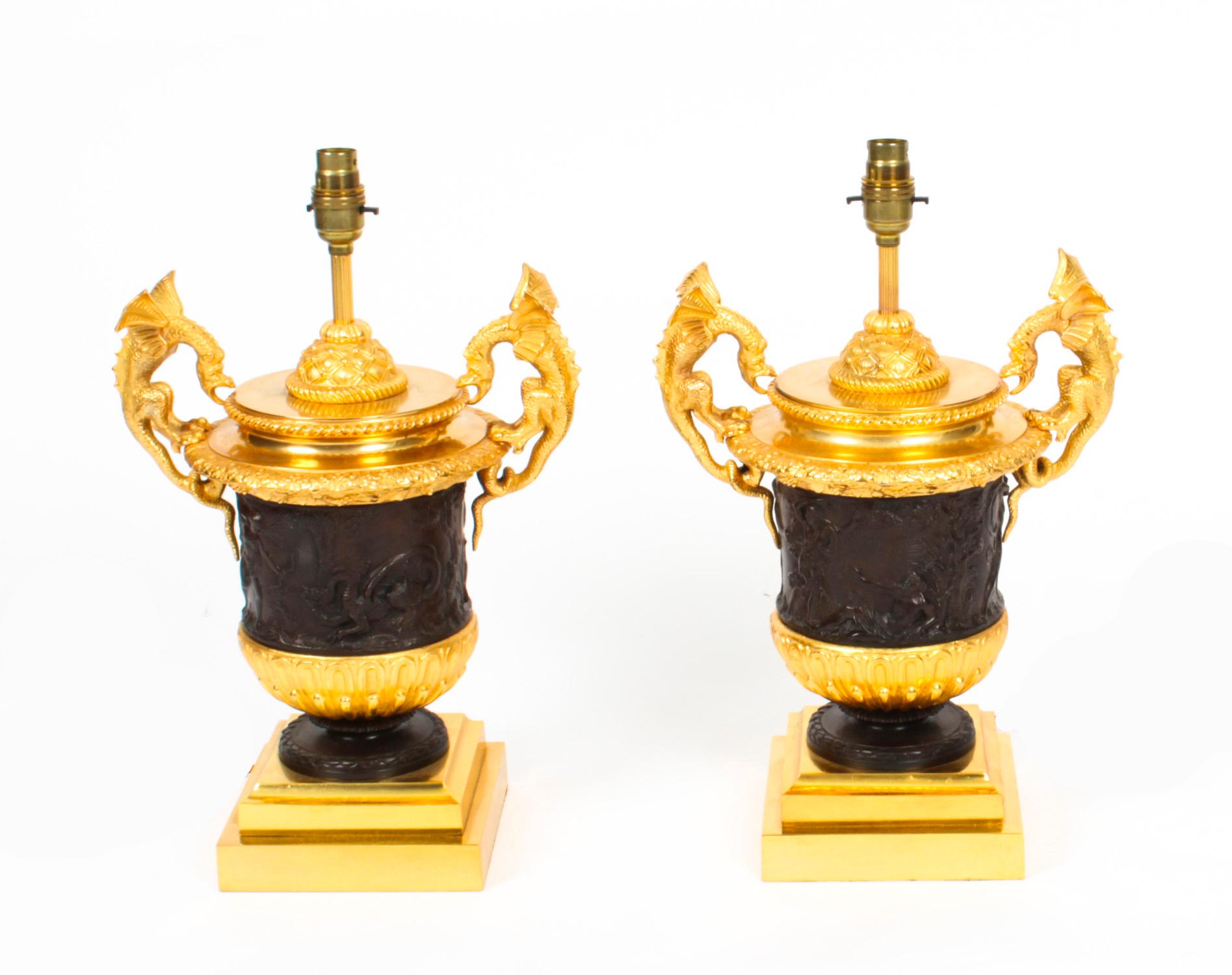 Vintage Pair Ormolu & Patinated Bronze Urn Table Lamps 20th C 9