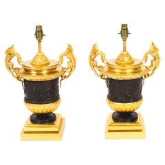 Vintage Pair Ormolu & Patinated Bronze Urn Table Lamps 20th C