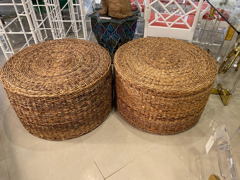 Vintage Pair Oversized Tropical Palm Beach Seagrass Ottomans