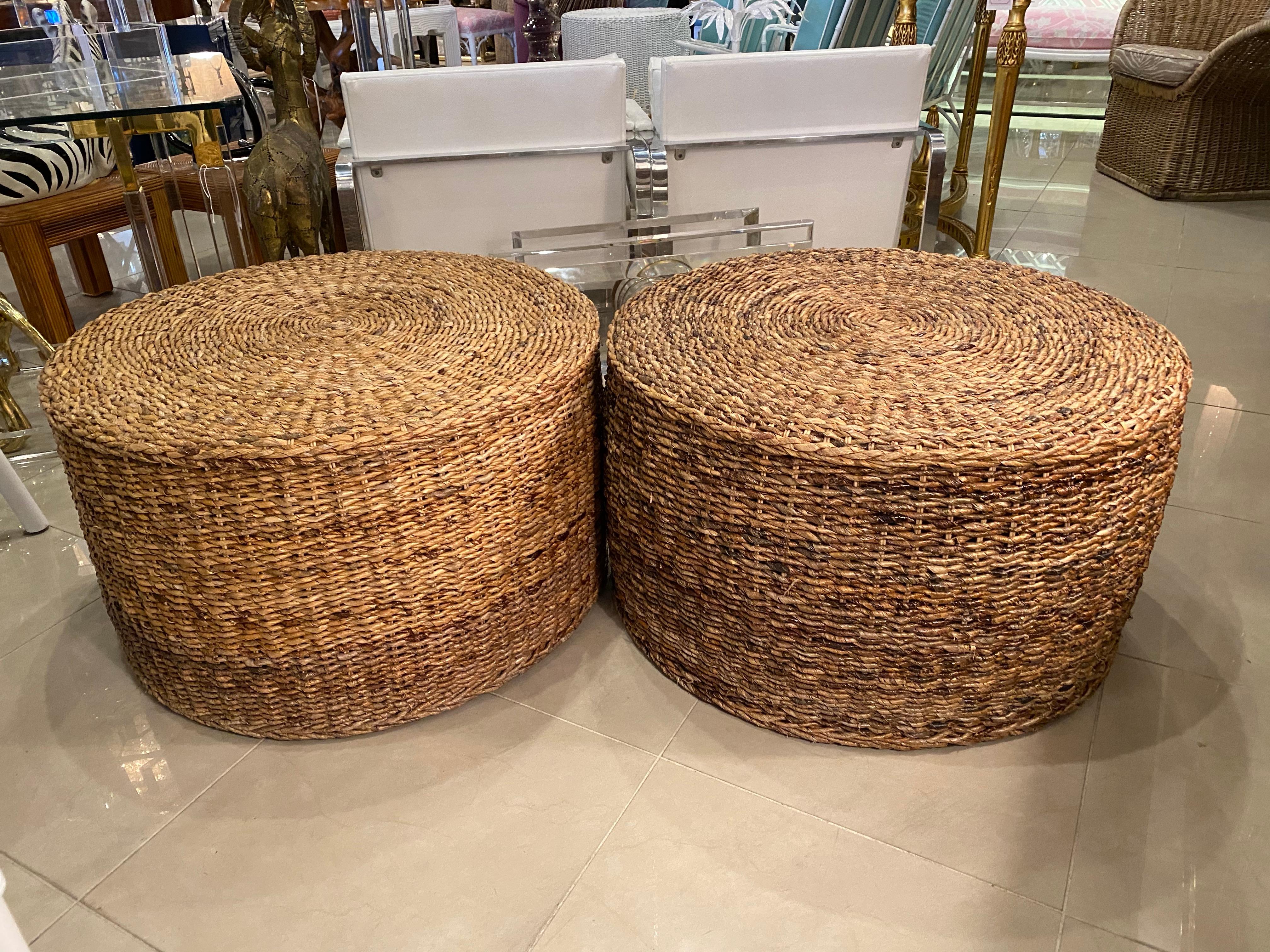Late 20th Century Vintage Pair Oversized Tropical Palm Beach Seagrass Ottomans Benches Tables