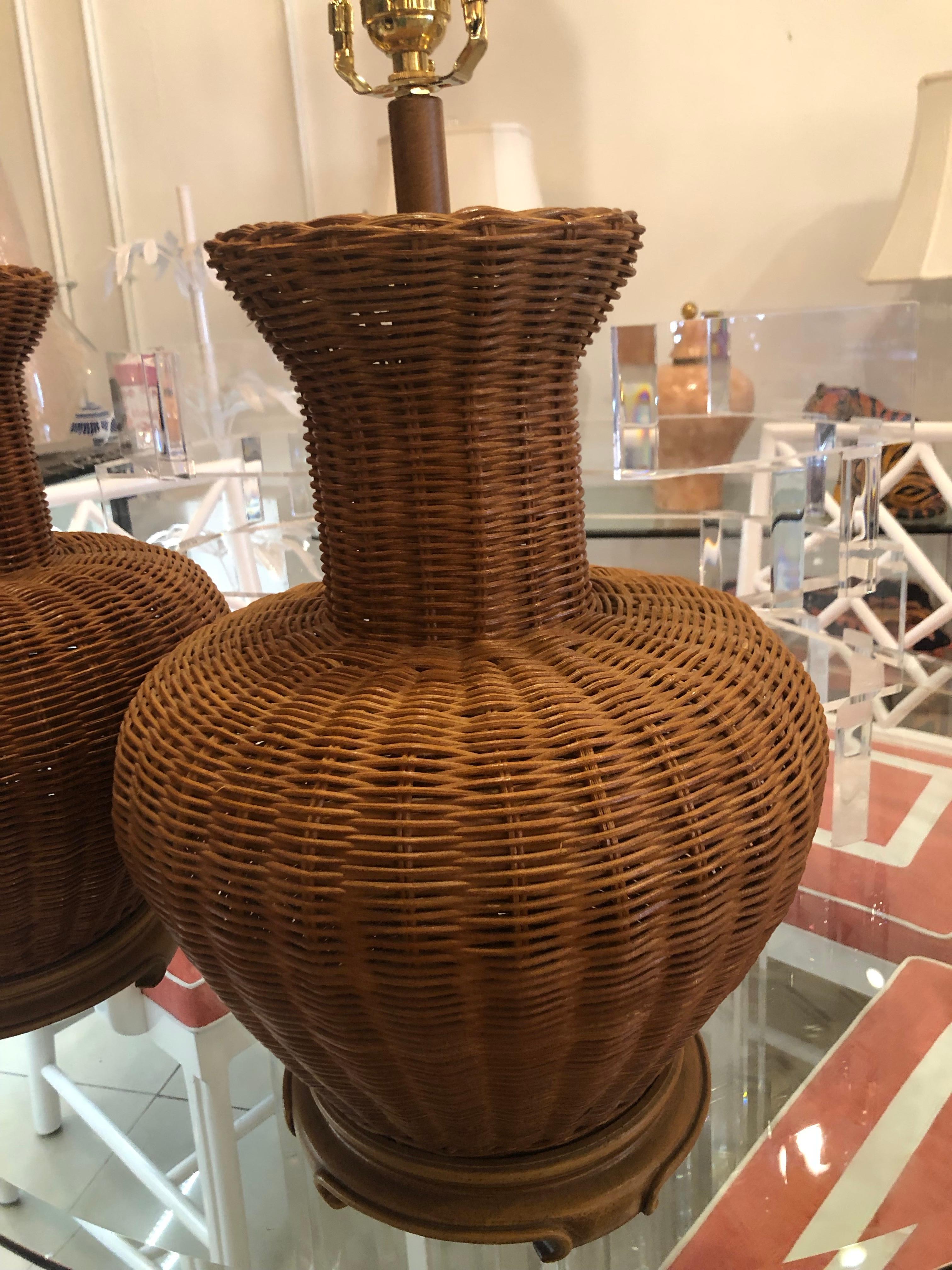 Vintage Pair of Oversized Wicker Ginger Jar Table Lamps 3