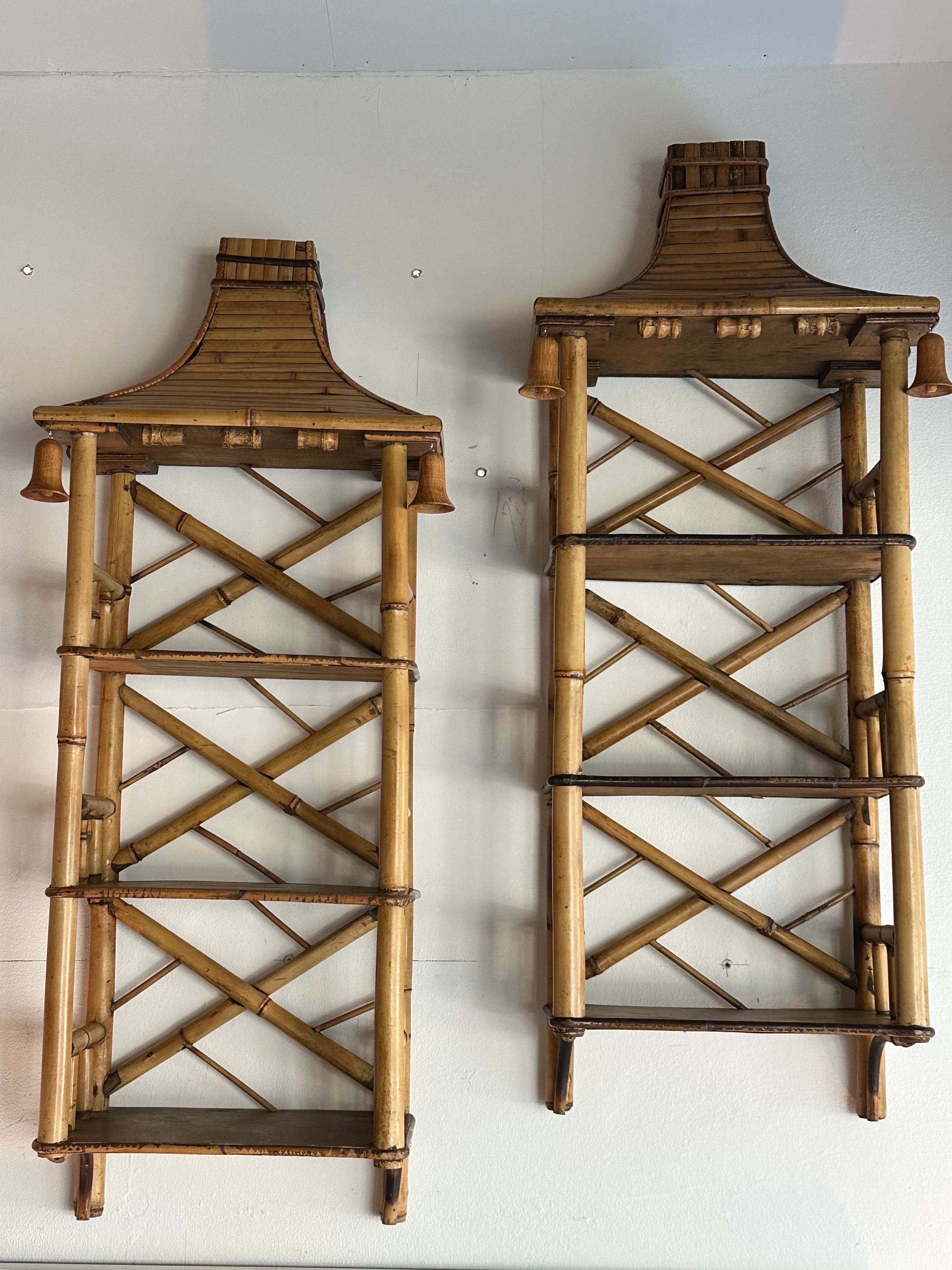 The most amazing pair of vintage rattan, wood and reed wall shelf shelves etageres. Chinese Chippendale rattan back, reed pagoda top, most amazing wood carved 3