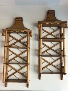 Vintage Pair Pagoda Chinese Chippendale Rattan Reed Bells Wall Shelves Etageres