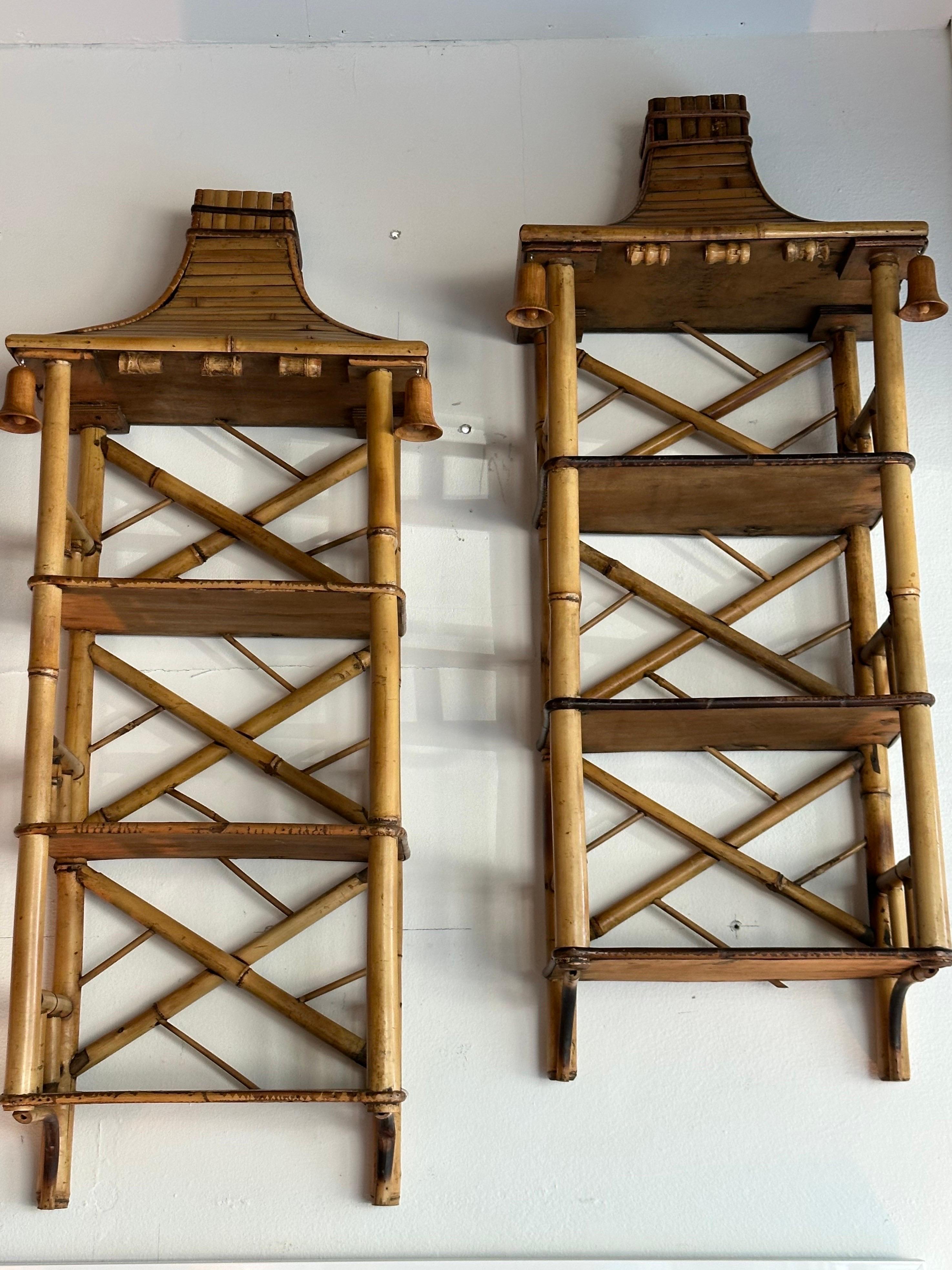Late 20th Century Vintage Pair Pagoda Chinese Chippendale Rattan Reed Bells Wall Shelves Etageres