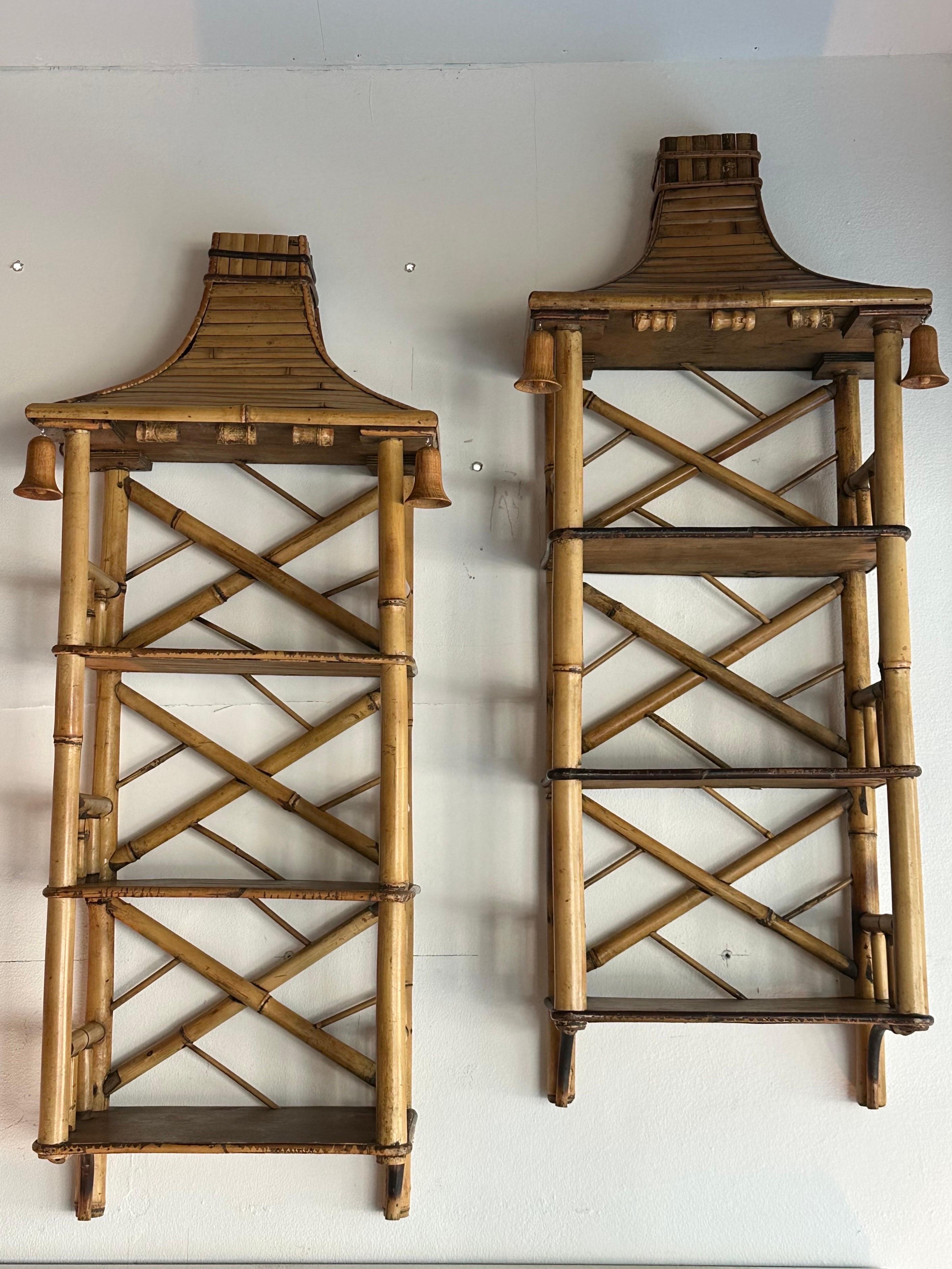 Vintage Pair Pagoda Chinese Chippendale Rattan Reed Bells Wall Shelves Etageres 1