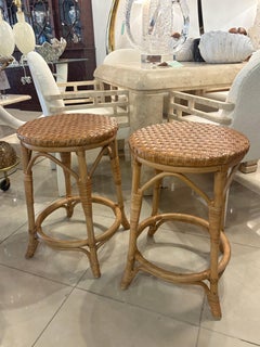 Vintage Pair Palm Beach Coastal Rattan Woven Stools Benches