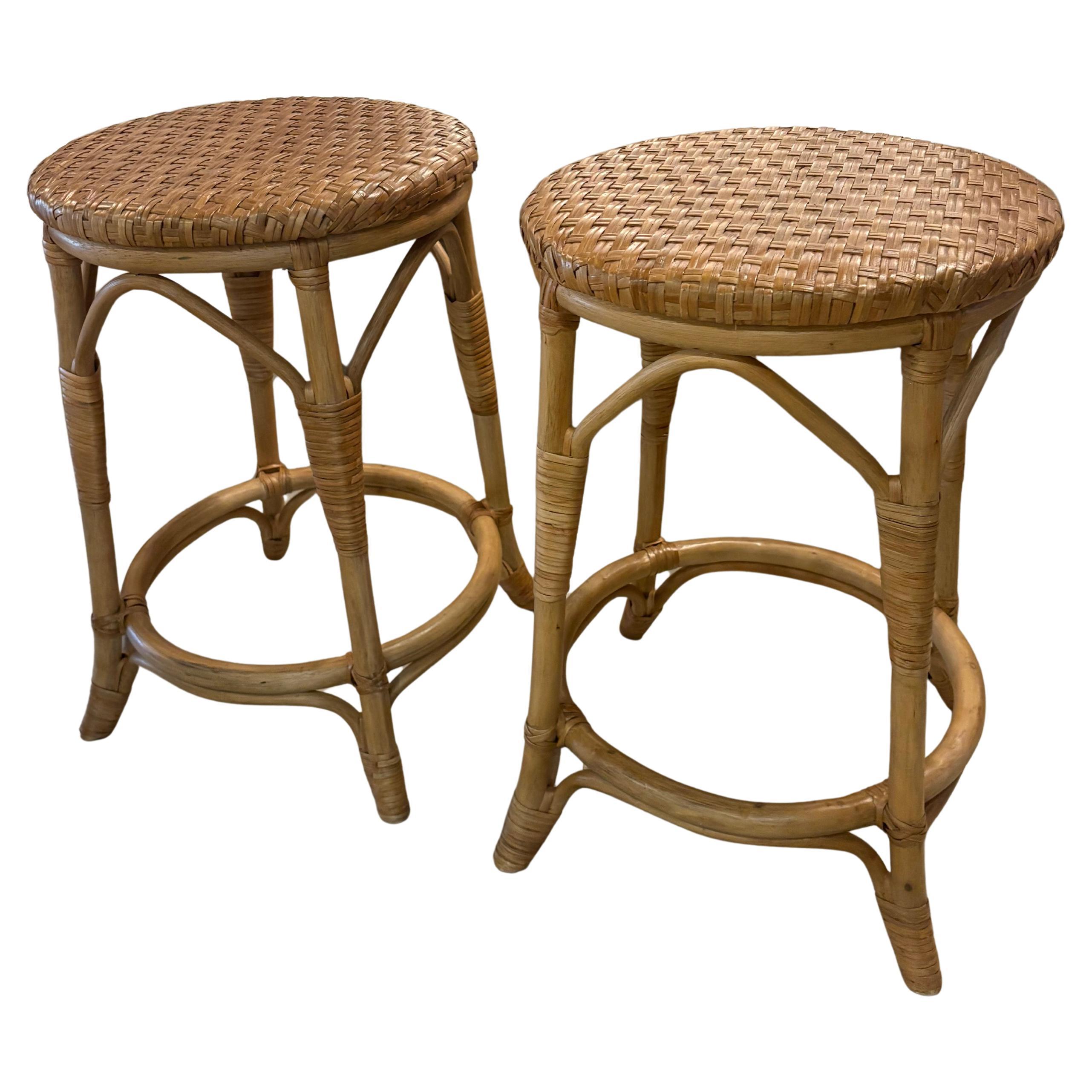 Vintage Pair Palm Beach Coastal Rattan Woven Stools Benches For Sale