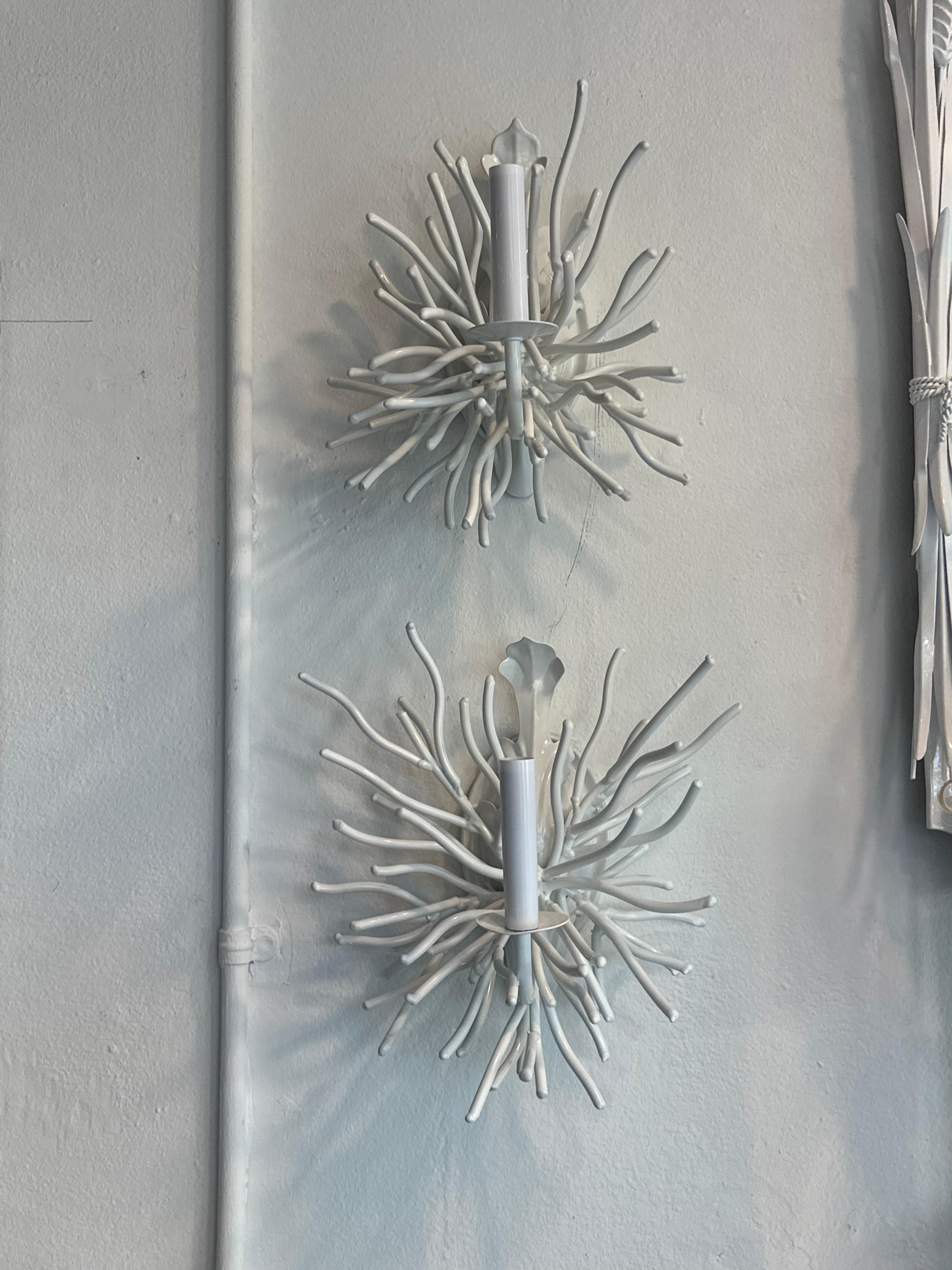 Powder-Coated Vintage Pair Palm Beach Coral Metal Tole Wall Sconces Lights Newly Wired White For Sale