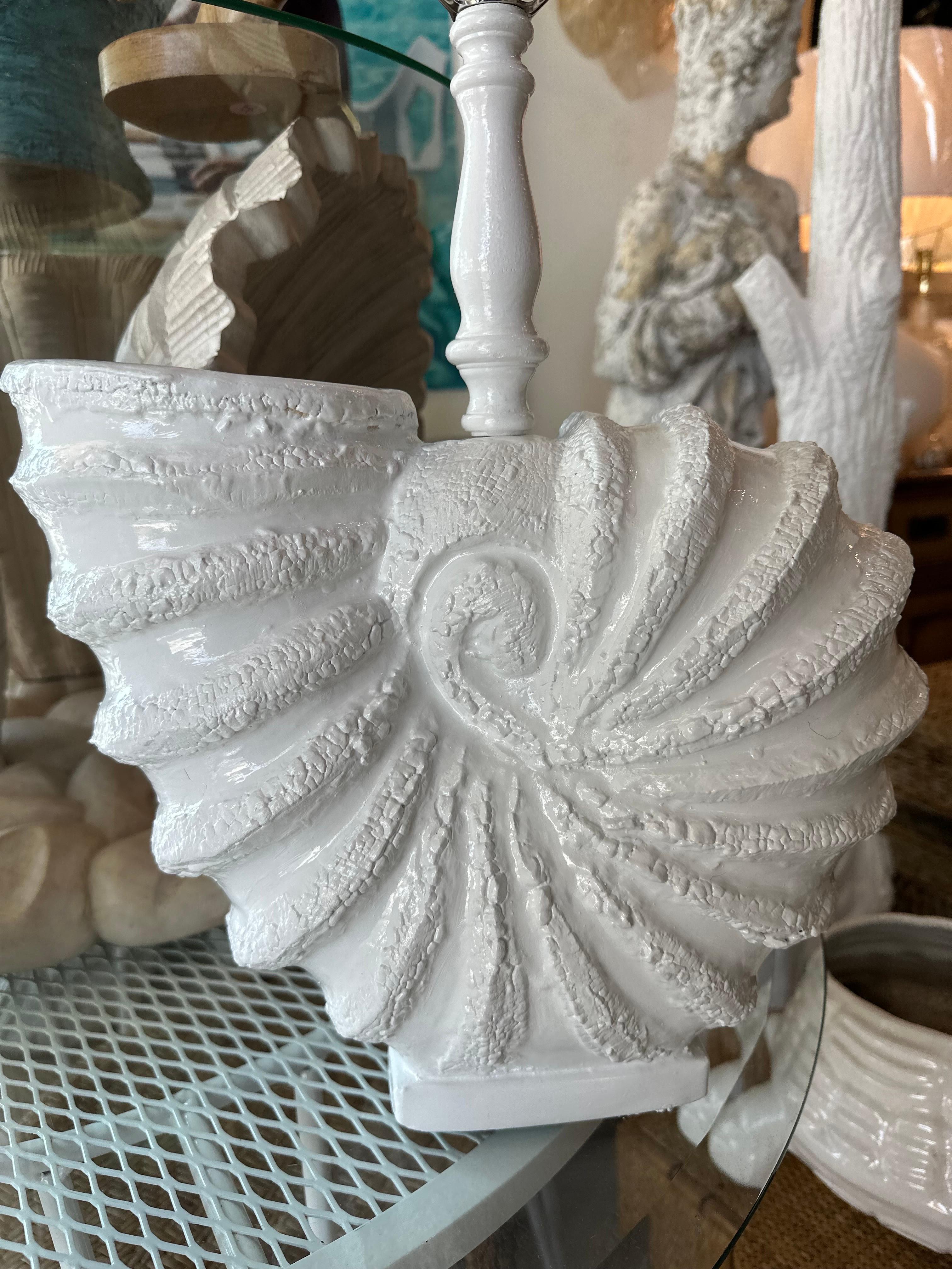 Nickel Vintage Pair Palm Beach Nautilus Shell Seashell Plaster Table Lamps Newly Wired For Sale