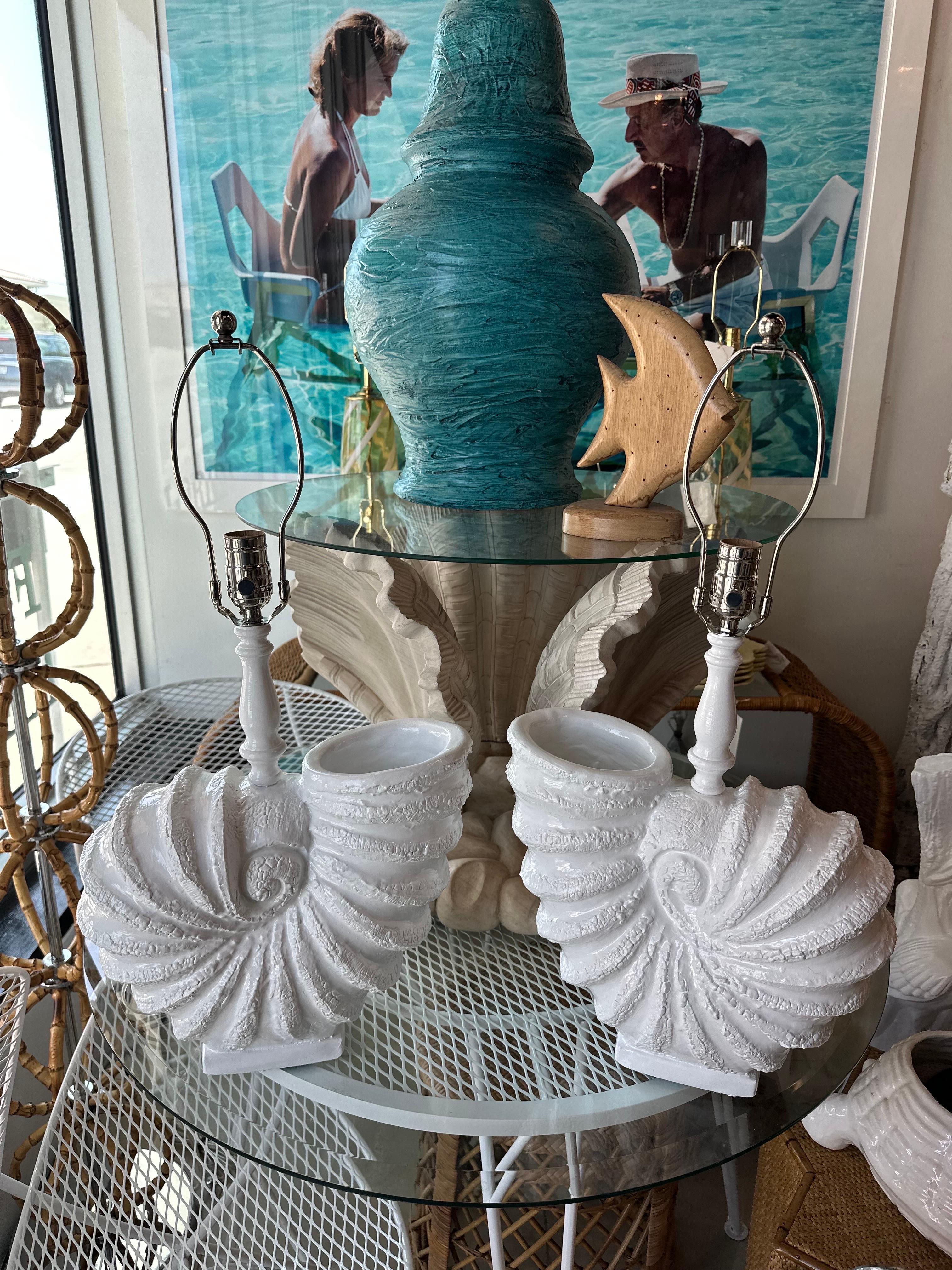 Hollywood Regency Vintage Pair Palm Beach Nautilus Shell Seashell Plaster Table Lamps Newly Wired For Sale