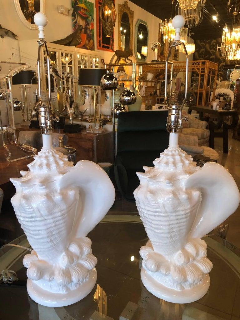 Vintage Pair Palm Beach Plaster Shell Table Lamps Serge Roche Style Newly Wired For Sale 4