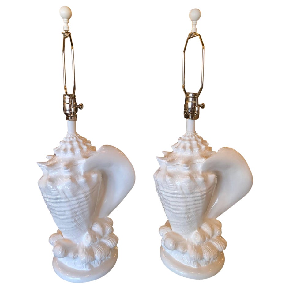Vintage Pair Palm Beach Plaster Shell Table Lamps Serge Roche Style Newly Wired