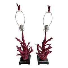 Vintage Pair Palm Beach Red Faux Coral Table Lamps Newly Wired Lucite Base