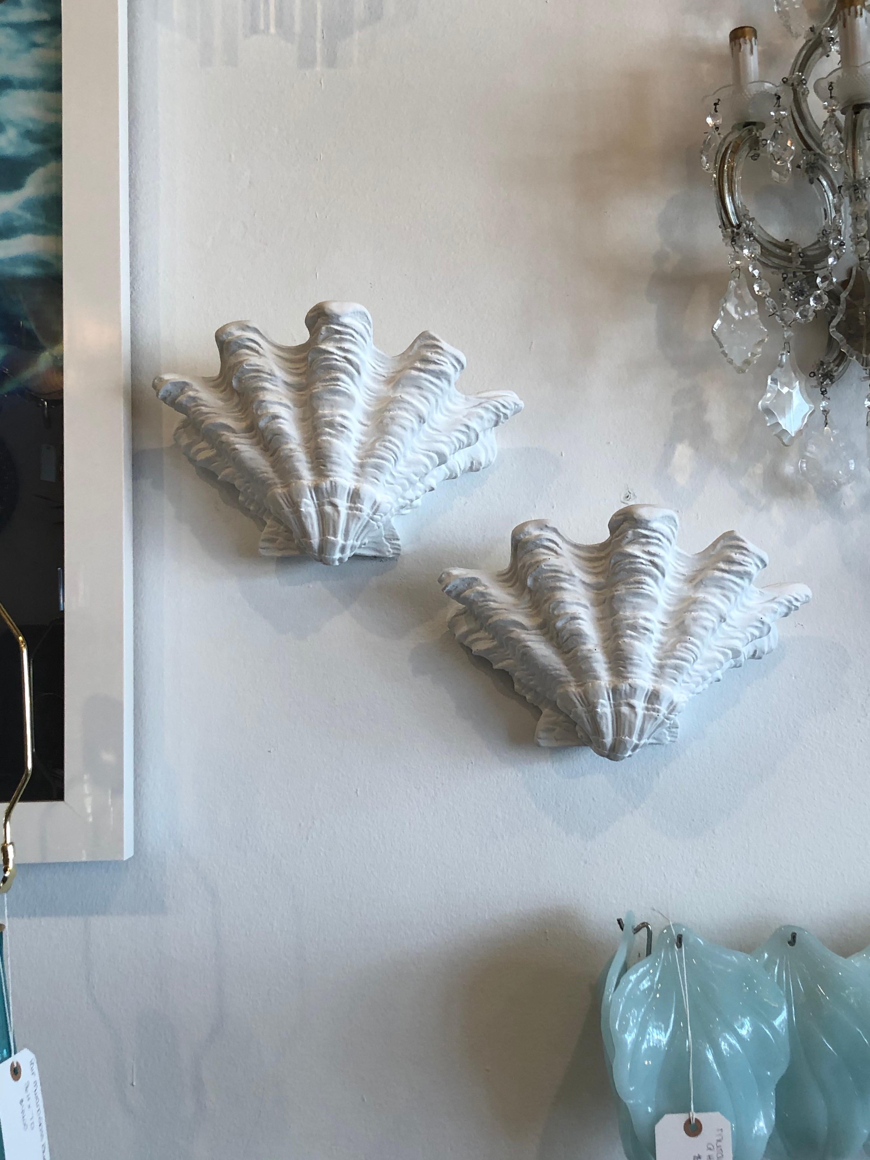 Pair of Palm Beach Roche Style White Plaster Clam Shell Wall Light Sconces In Good Condition In West Palm Beach, FL