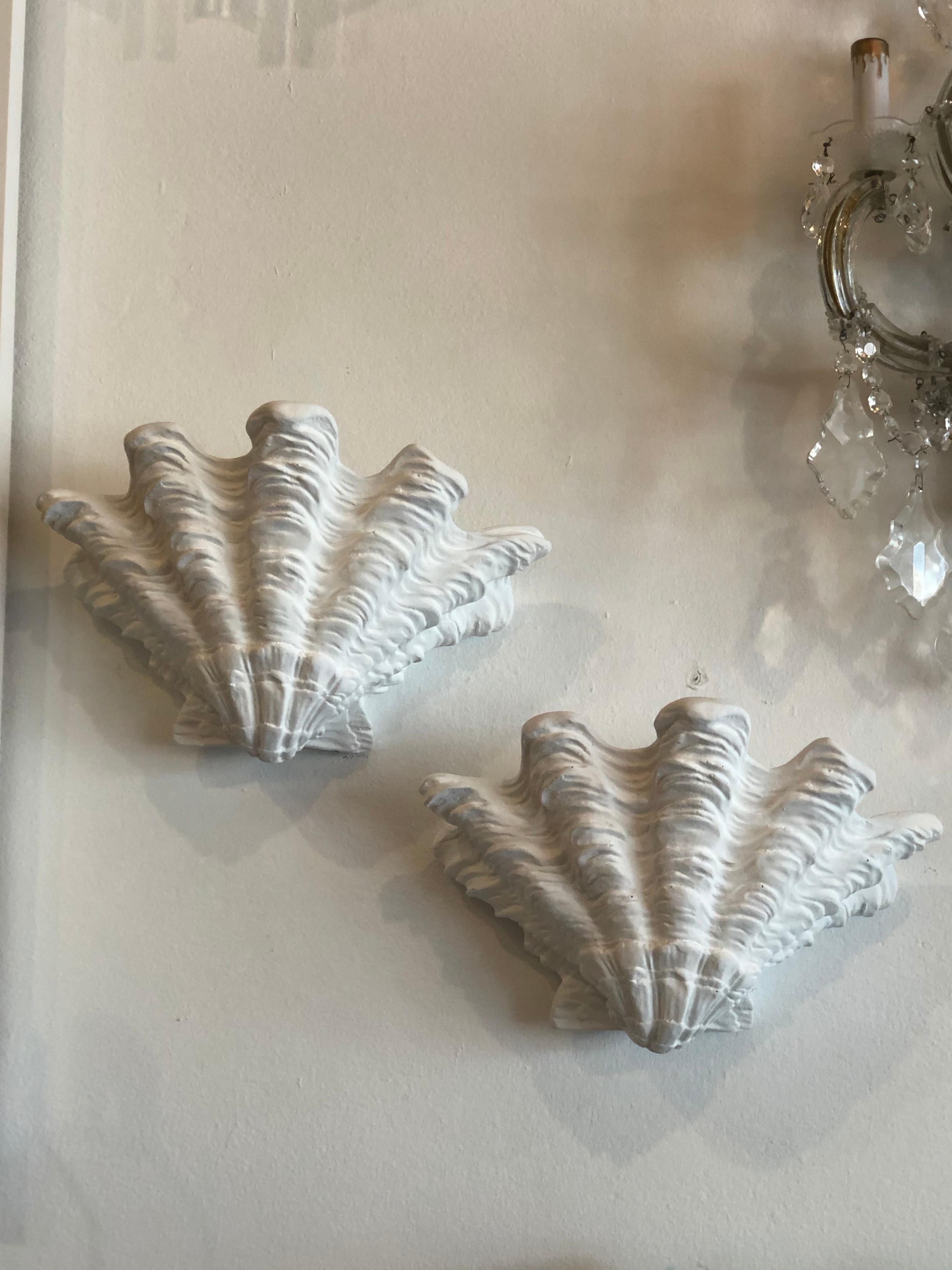 Late 20th Century Pair of Palm Beach Roche Style White Plaster Clam Shell Wall Light Sconces