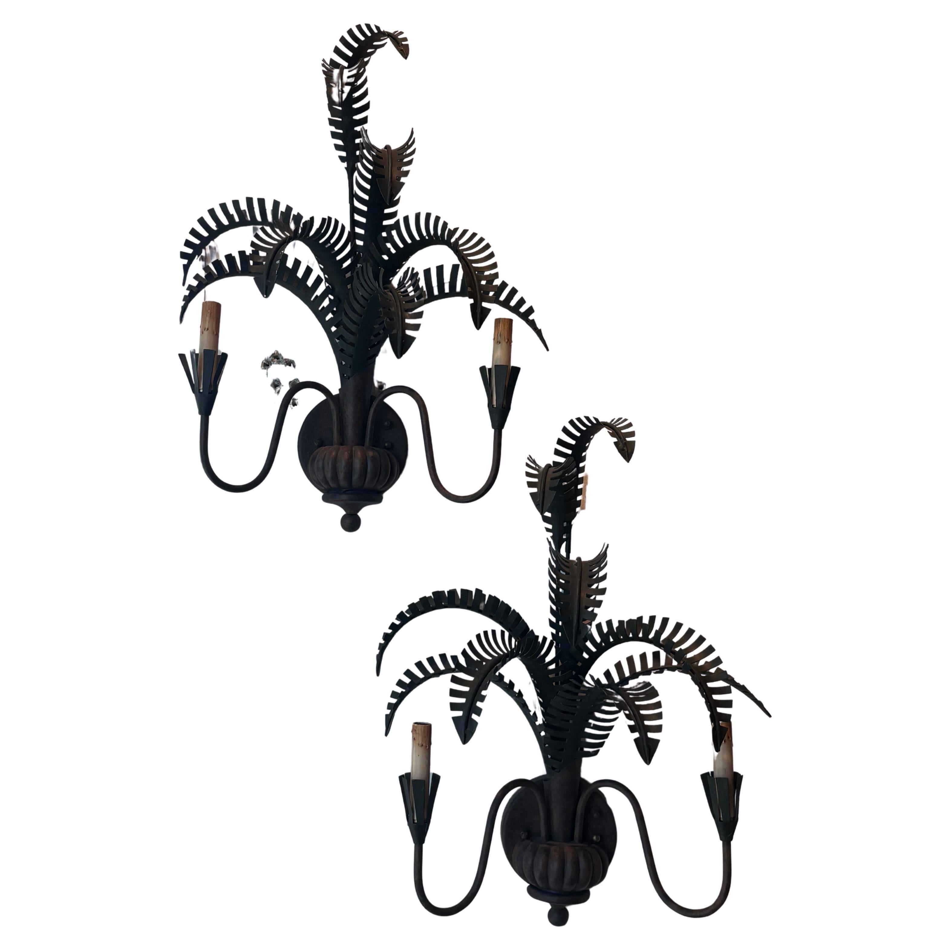 Vintage Pair Palm Tree Frond Leaf Wall Light Sconces Metal Tole Tropical Coastal