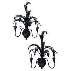 Vintage Pair Palm Tree Frond Leaf Wall Light Sconces Metal Tole Tropical Coastal