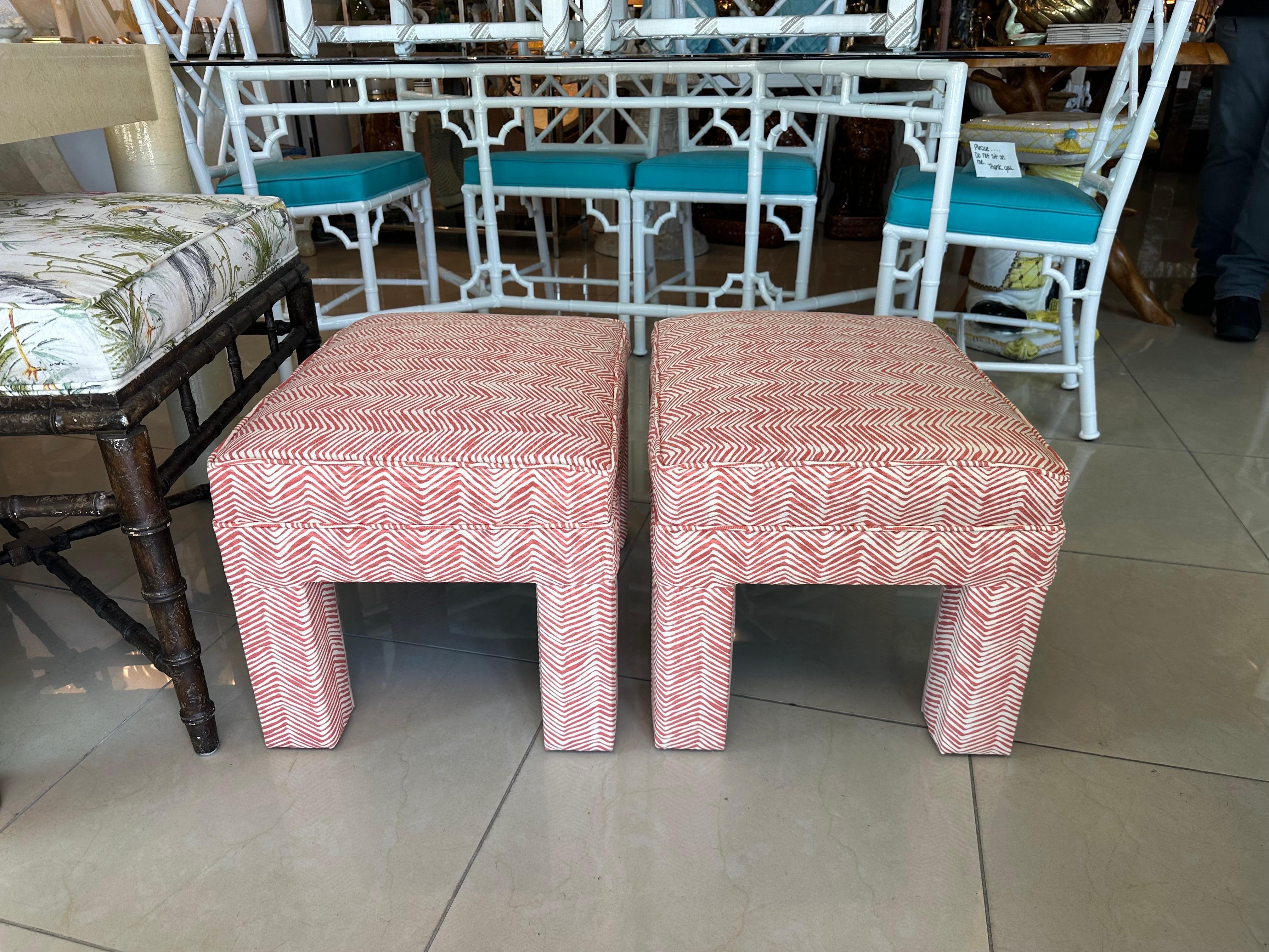 Vintage Pair Parsons Benches Stools Ottomans Newly Upholstered Coral Quadrille 3