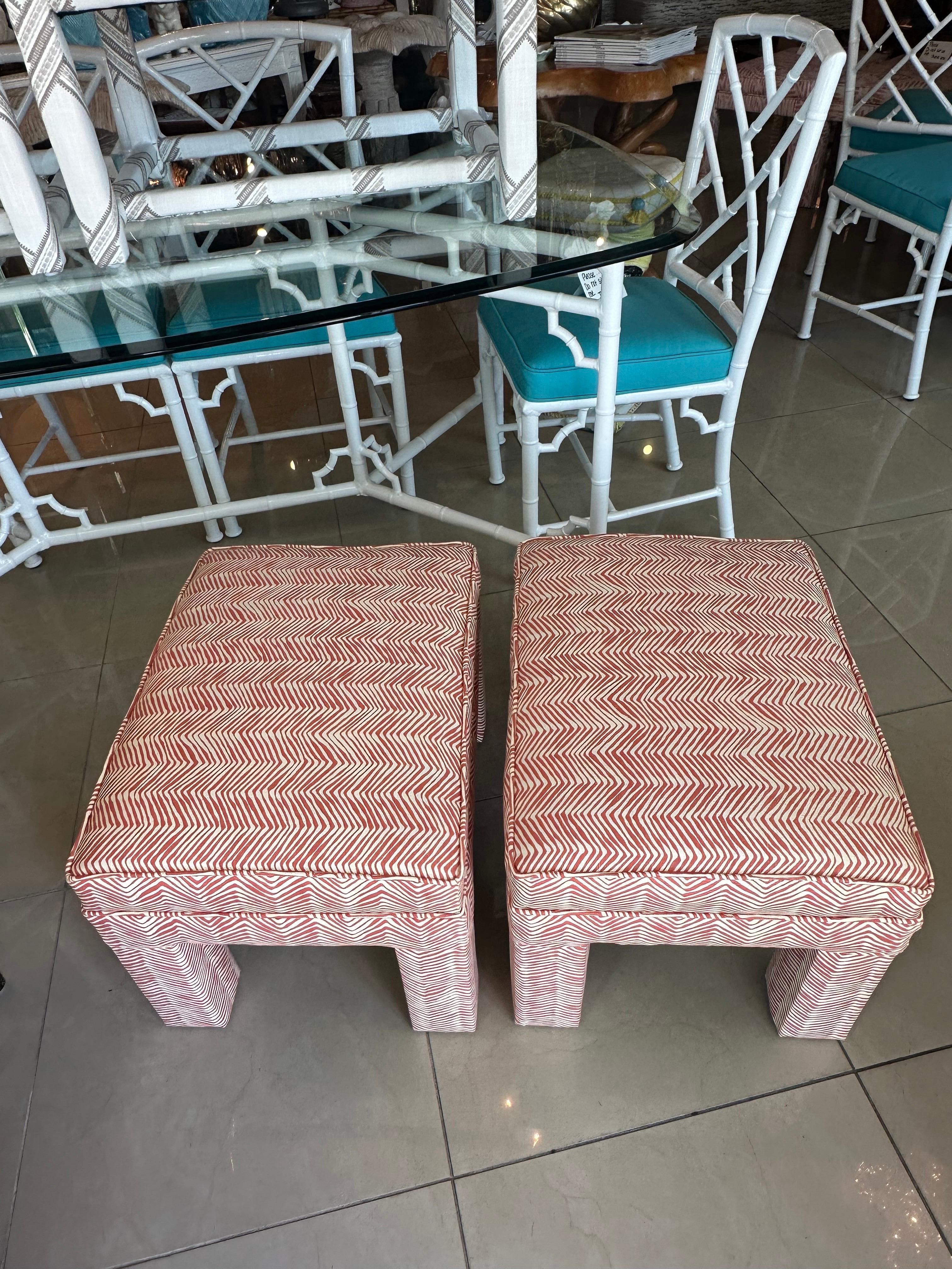 Vintage Pair Parsons Benches Stools Ottomans Newly Upholstered Coral Quadrille 4