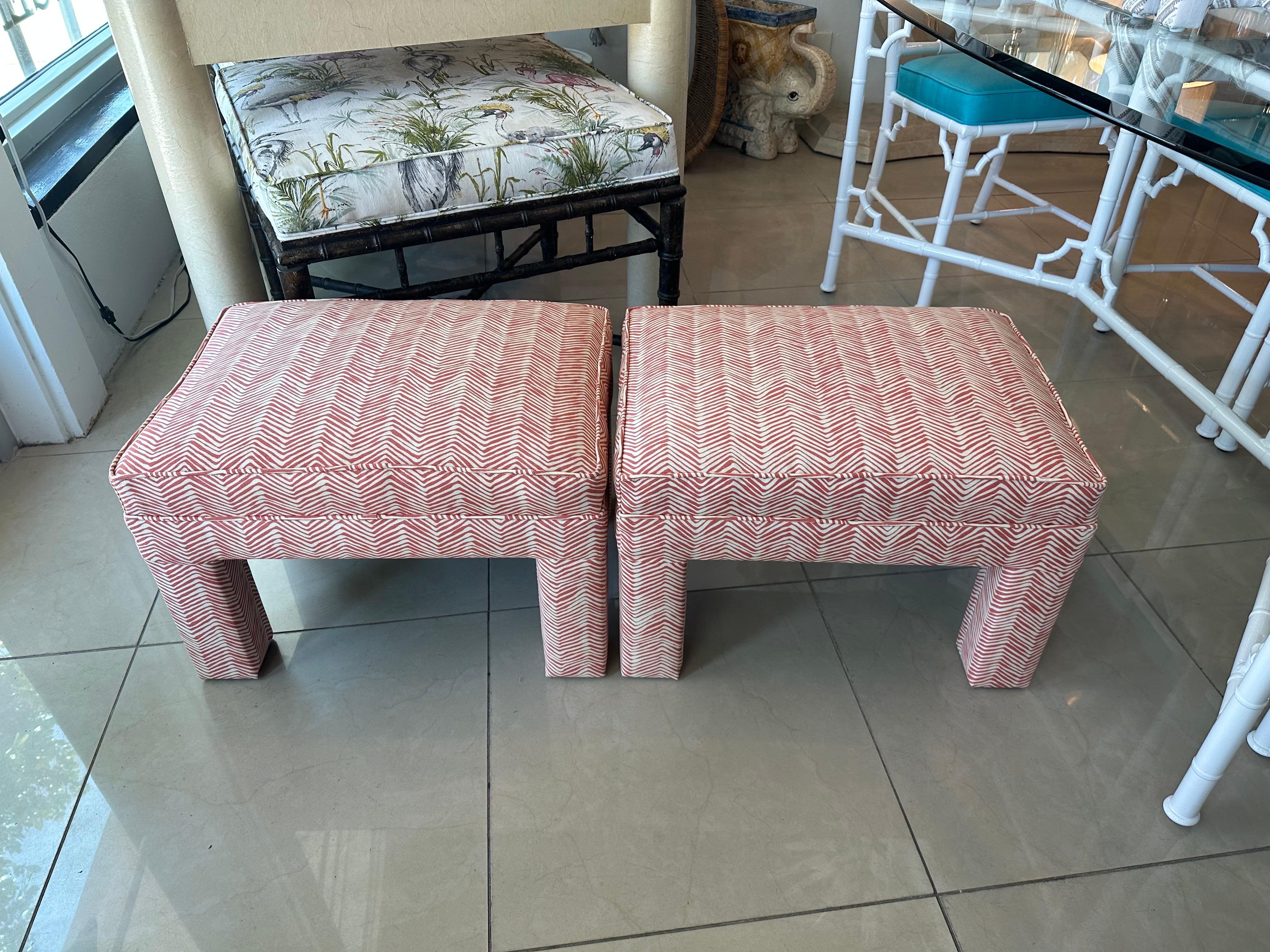 Modern Vintage Pair Parsons Benches Stools Ottomans Newly Upholstered Coral Quadrille