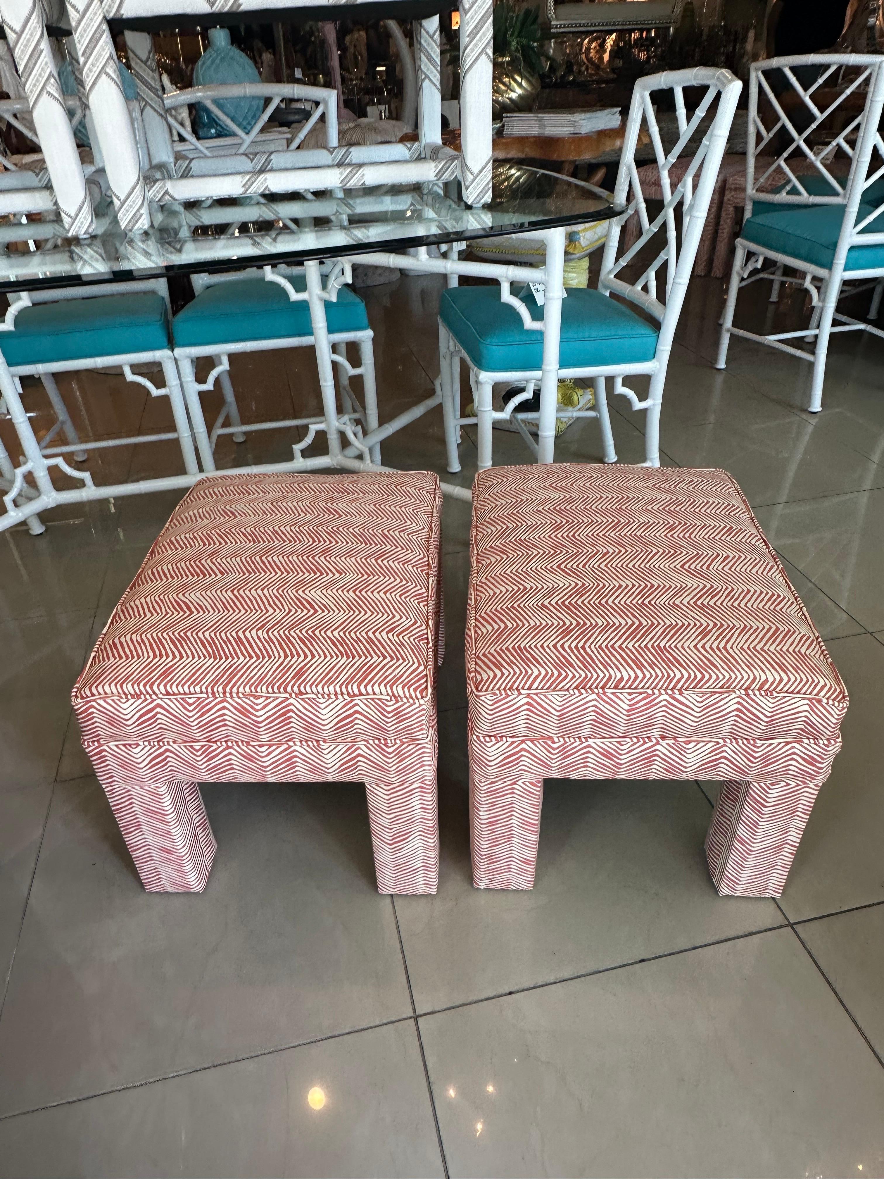 Late 20th Century Vintage Pair Parsons Benches Stools Ottomans Newly Upholstered Coral Quadrille