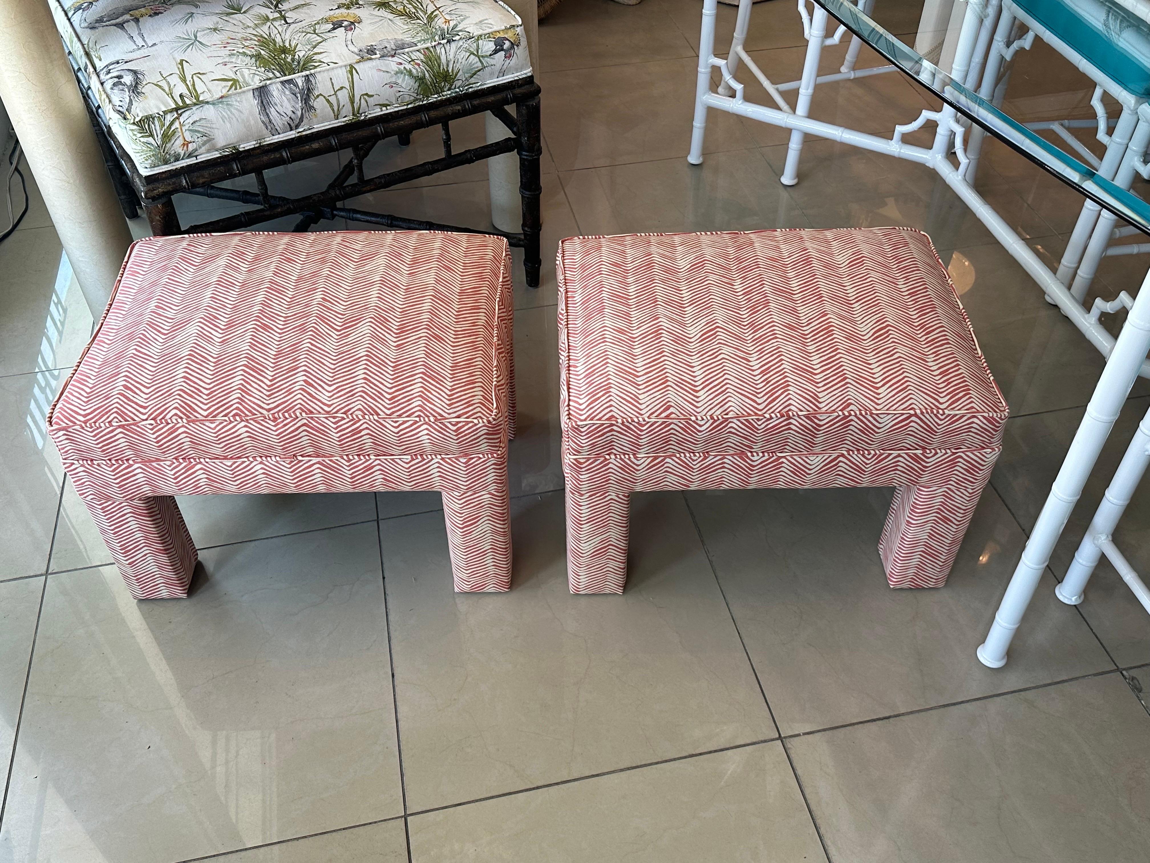 Vintage Pair Parsons Benches Stools Ottomans Newly Upholstered Coral Quadrille 2