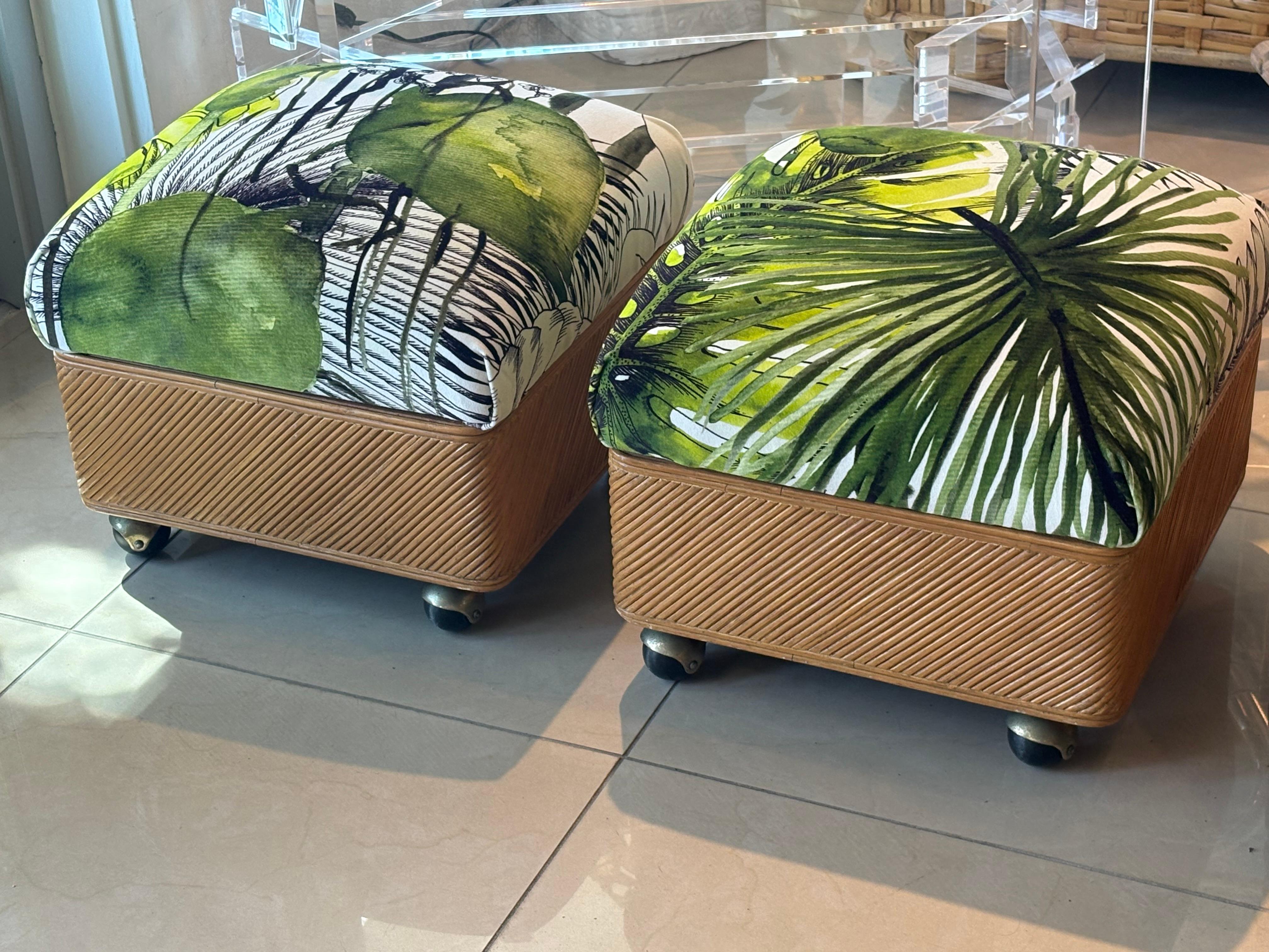 Vintage Pair Pencil Reed Rattan Benches Ottomans Stools Coastal Palm Beach For Sale 3
