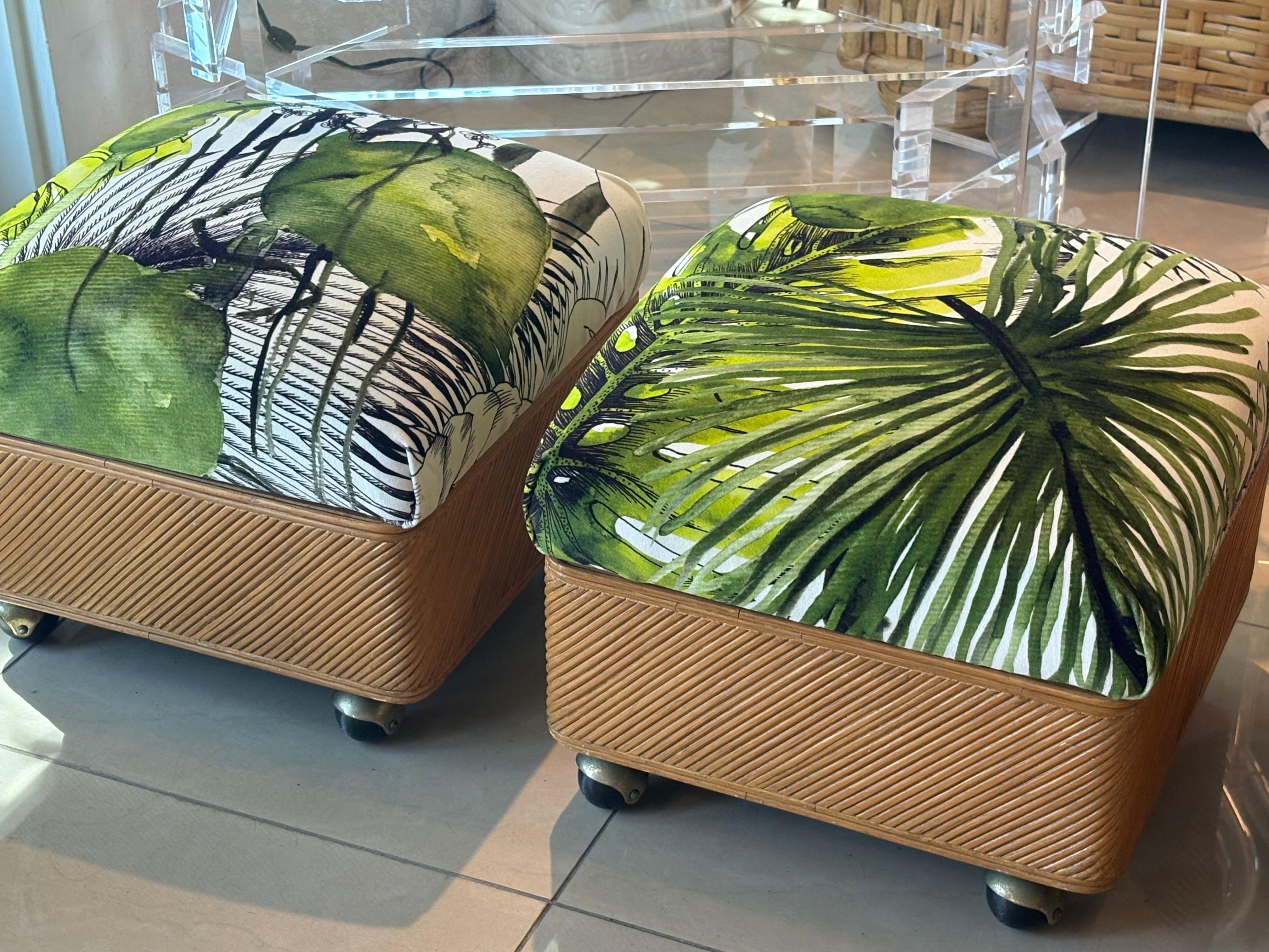 Vintage Pair Pencil Reed Rattan Benches Ottomans Stools Coastal Palm Beach For Sale 4