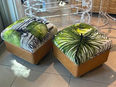 Vintage Pair Pencil Reed Rattan Benches Ottomans Stools Coastal Palm Beach