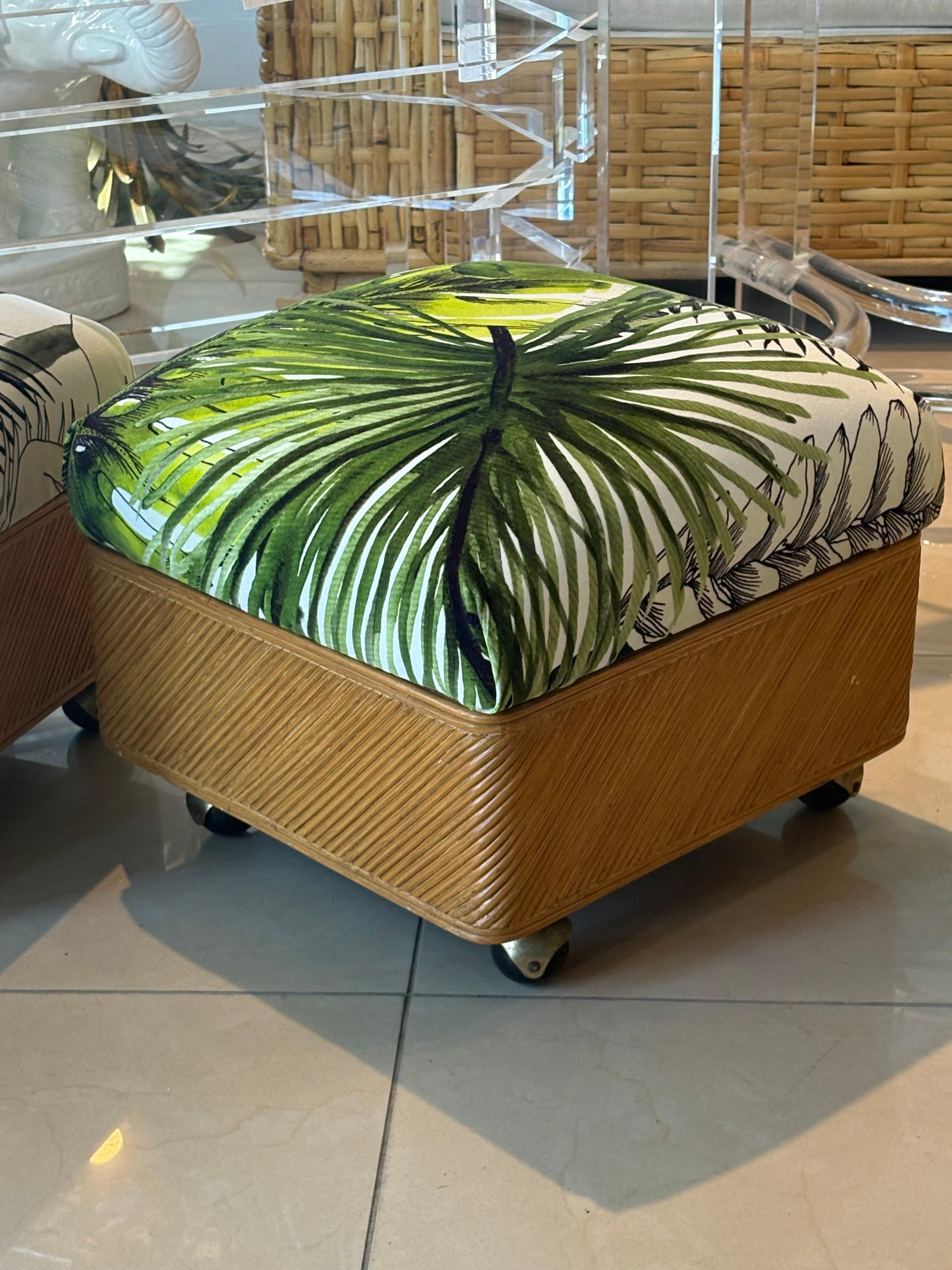 Organic Modern Vintage Pair Pencil Reed Rattan Benches Ottomans Stools Coastal Palm Beach For Sale