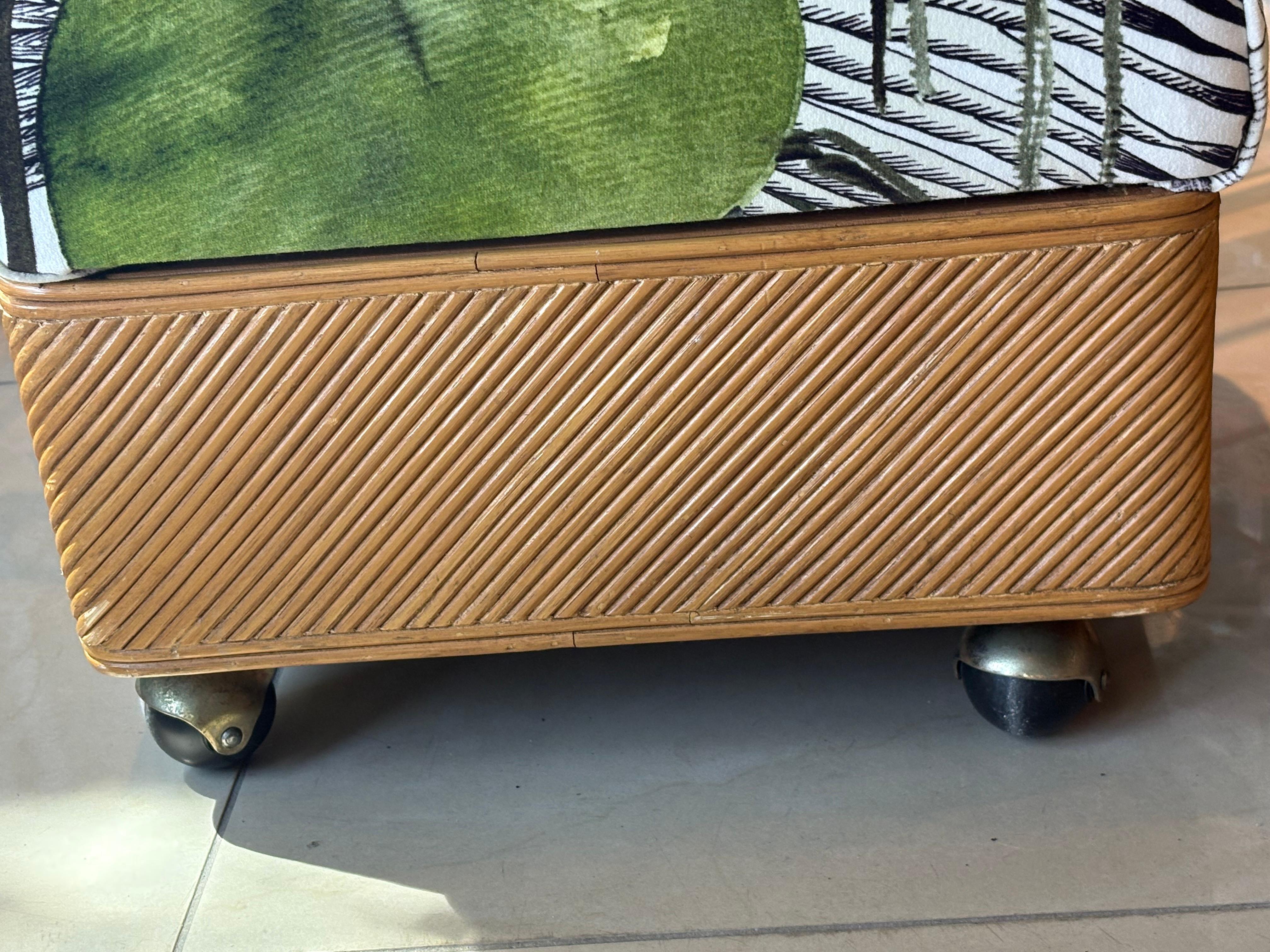 Vintage Pair Pencil Reed Rattan Benches Ottomans Stools Coastal Palm Beach In Good Condition For Sale In West Palm Beach, FL