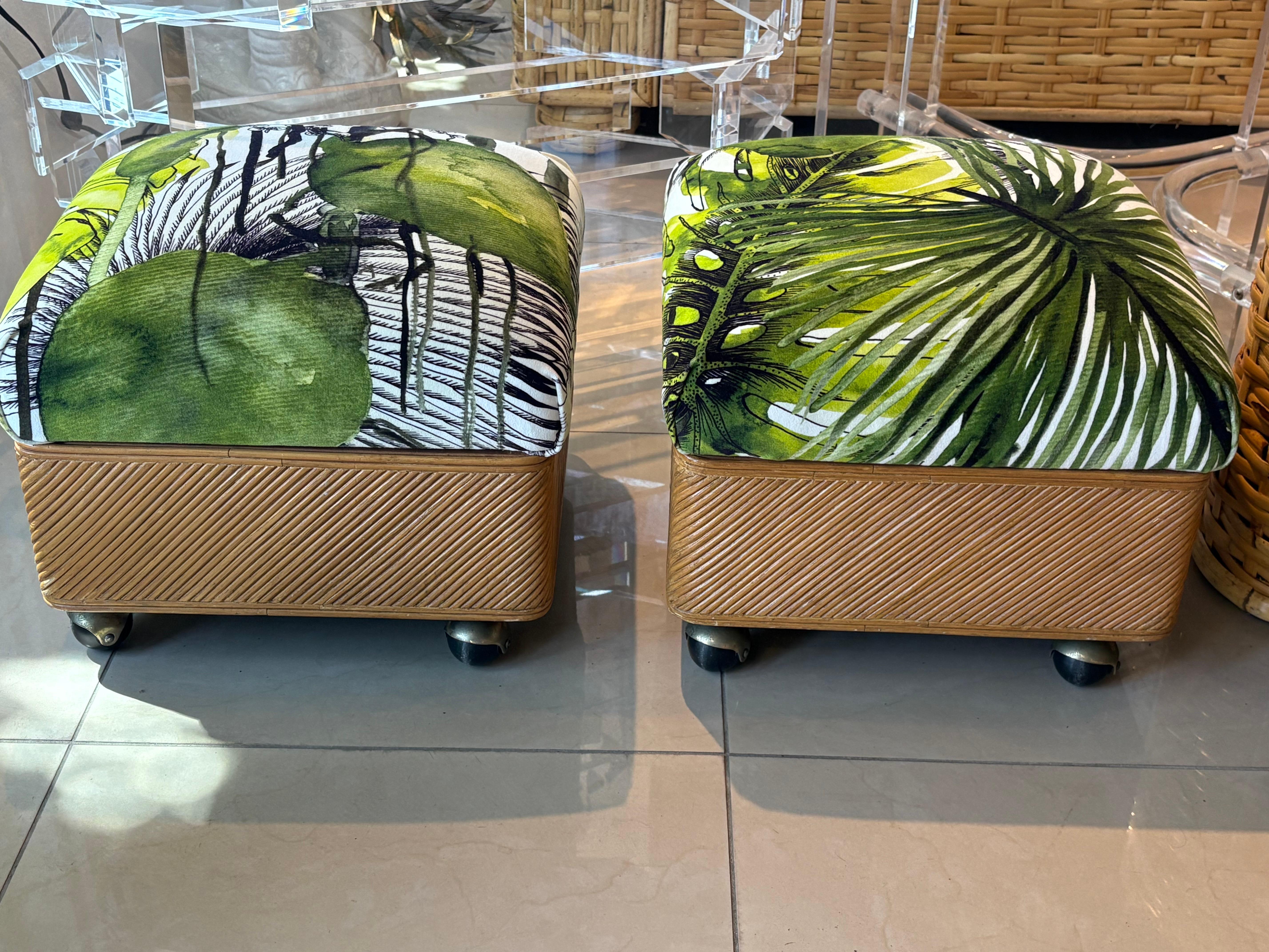 Vintage Pair Pencil Reed Rattan Benches Ottomans Stools Coastal Palm Beach For Sale 1
