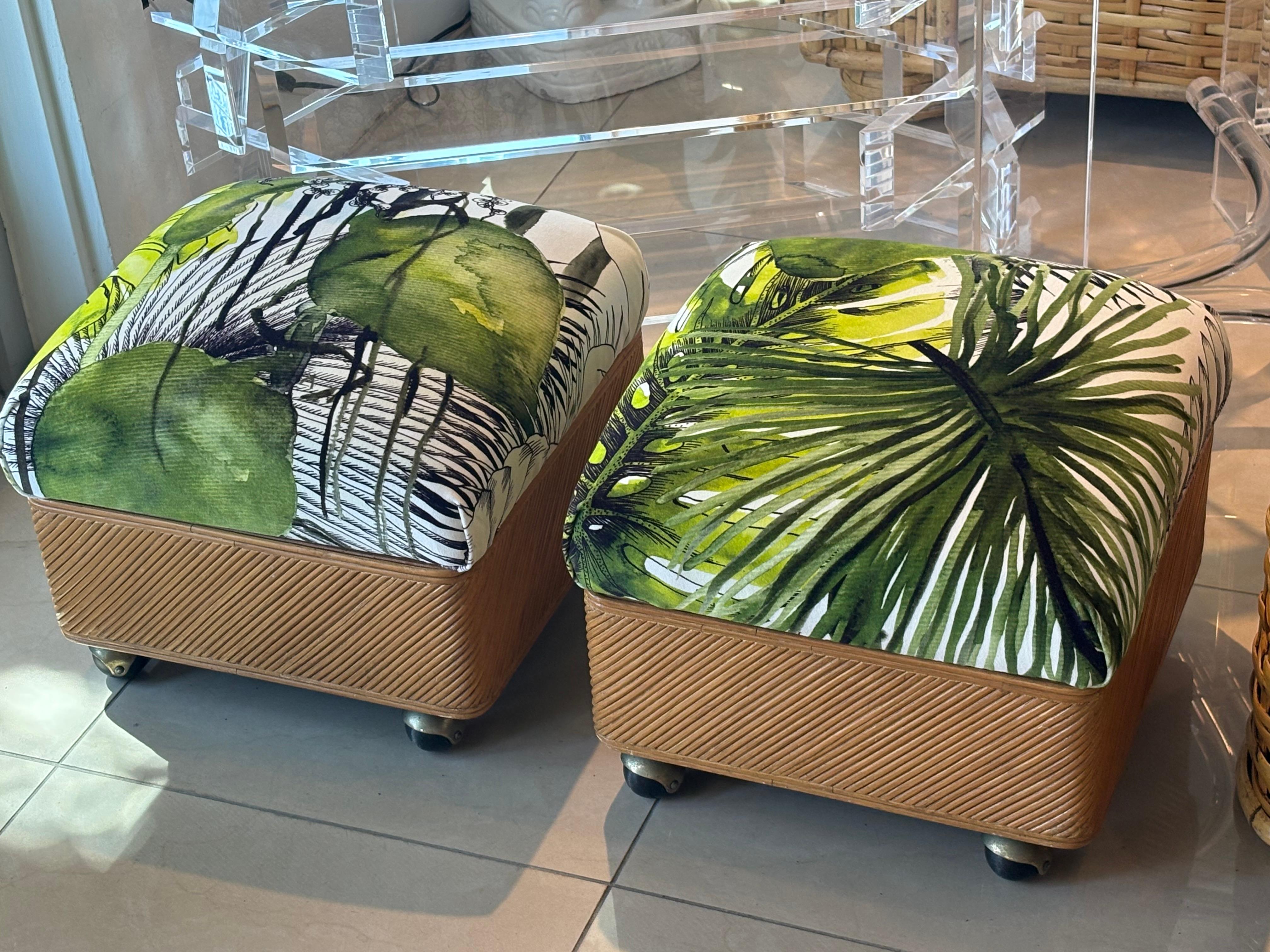 Vintage Pair Pencil Reed Rattan Benches Ottomans Stools Coastal Palm Beach For Sale 2