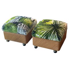 Vintage Pair Pencil Reed Rattan Benches Ottomans Stools Coastal Palm Beach
