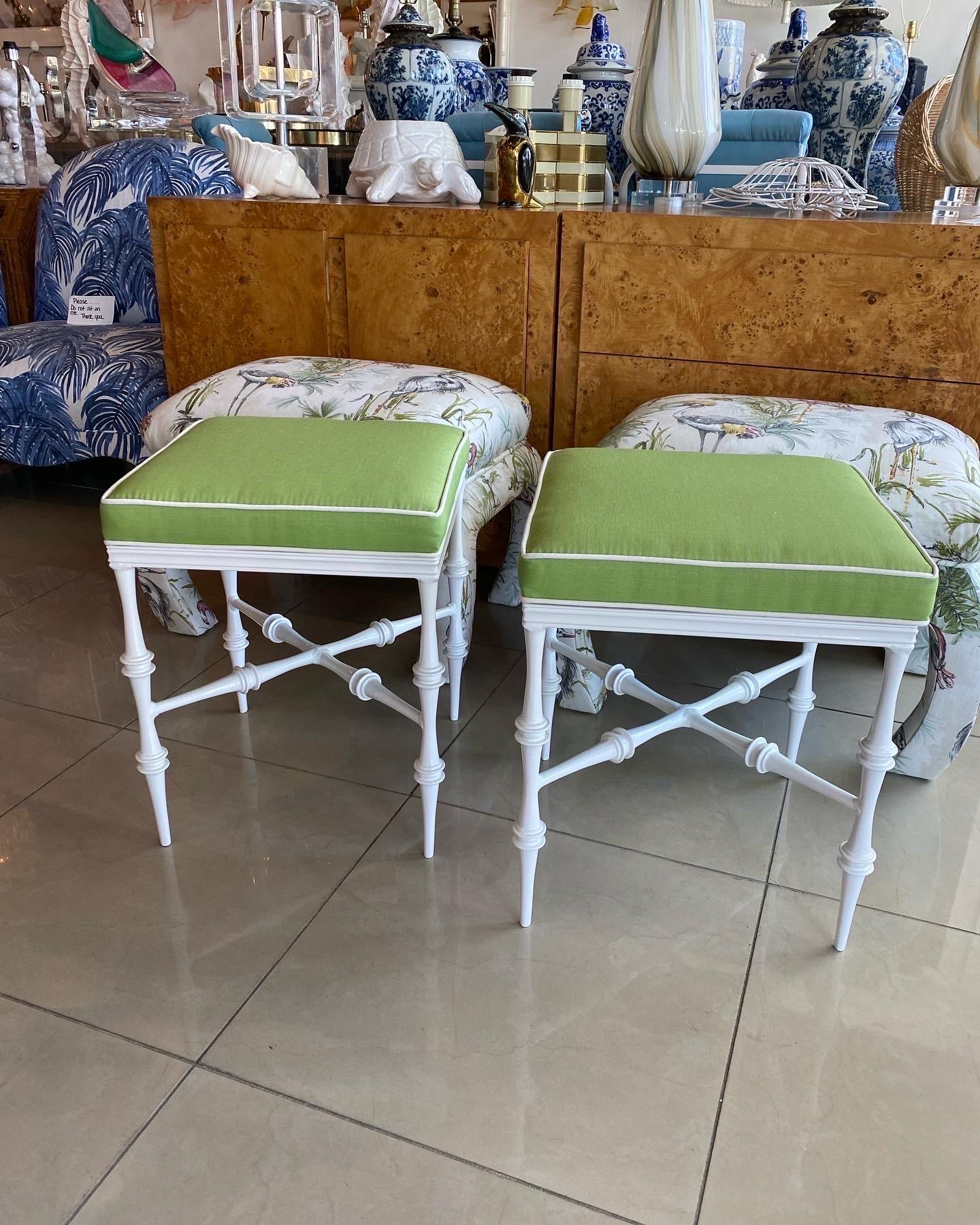 Vintage Pair Phyllis Morris Metal Outdoor Benches Newly Powdercoated Upholstered 3