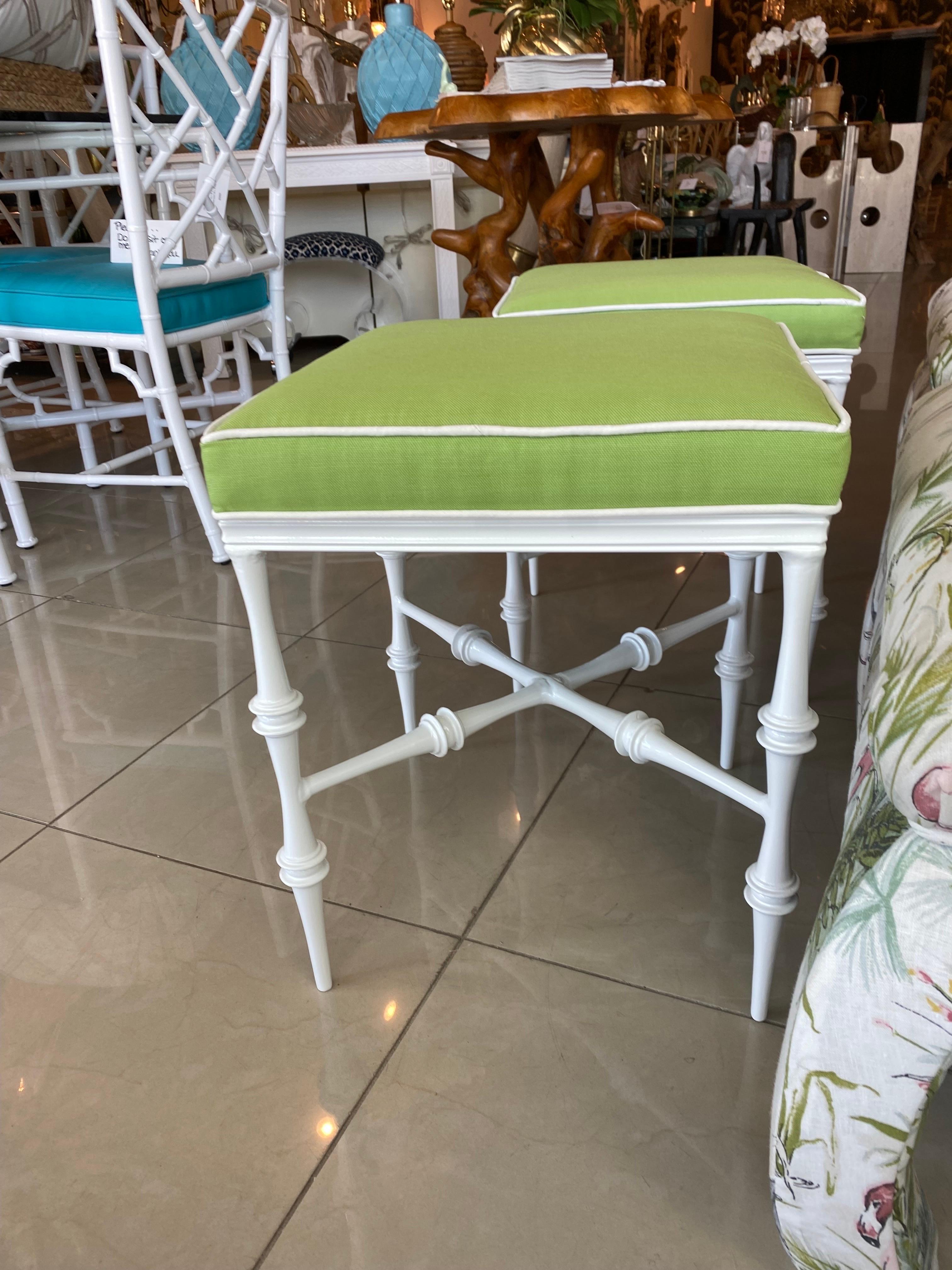 Vintage Pair Phyllis Morris Metal Outdoor Benches Newly Powdercoated Upholstered In Good Condition In West Palm Beach, FL