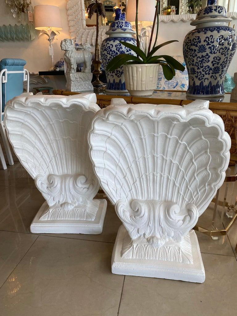 Hollywood Regency Vintage Pair Plaster Seashell Scallop Shell Dining Table Bases Console Lacquered