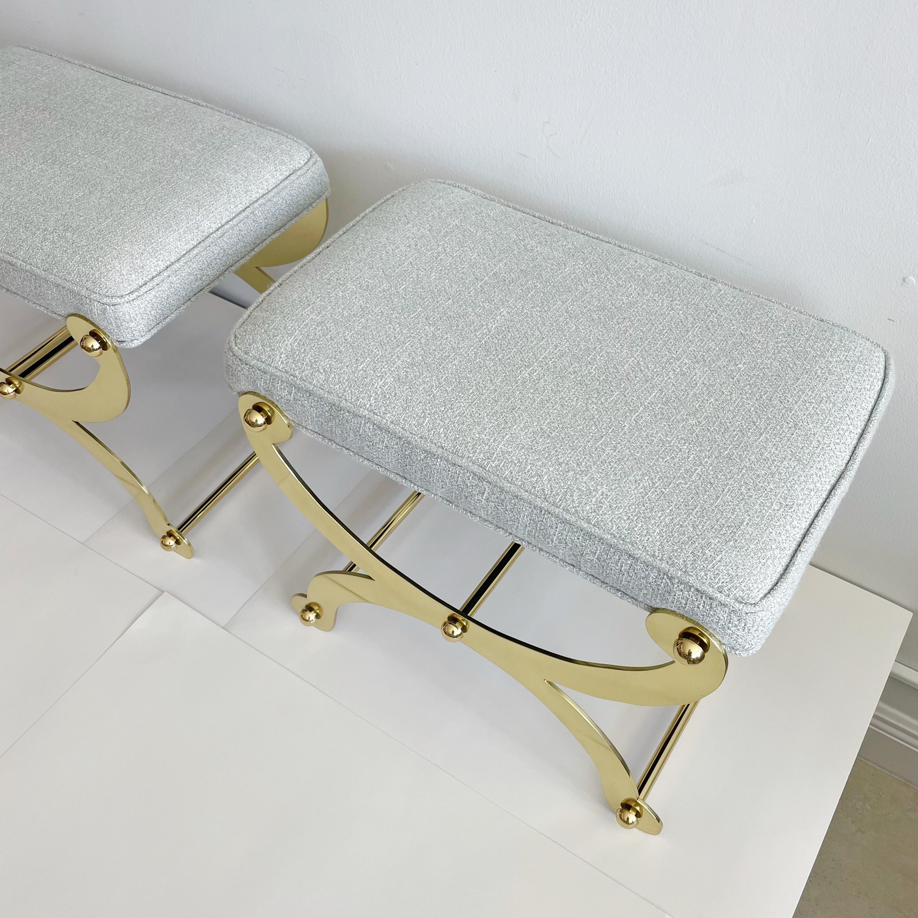 Hollywood Regency Vintage Pair Polished Brass Curule X-Frame Regency Maison Jansen Stool Benches