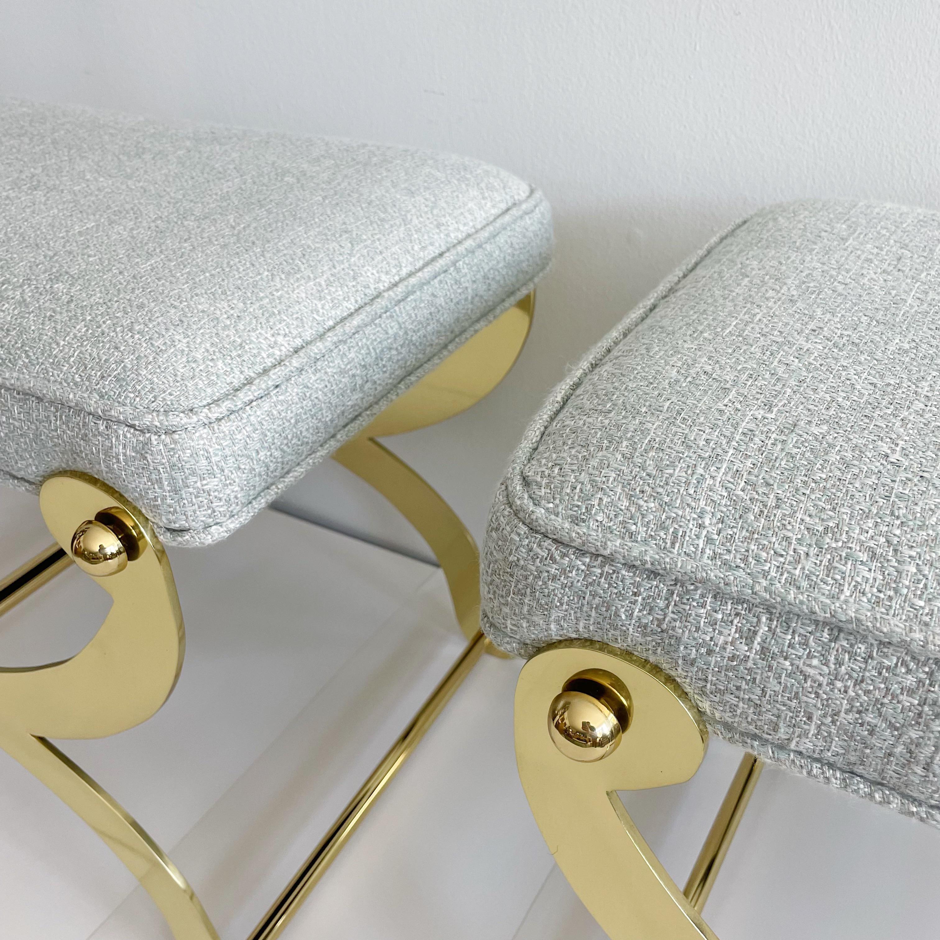 French Vintage Pair Polished Brass Curule X-Frame Regency Maison Jansen Stool Benches