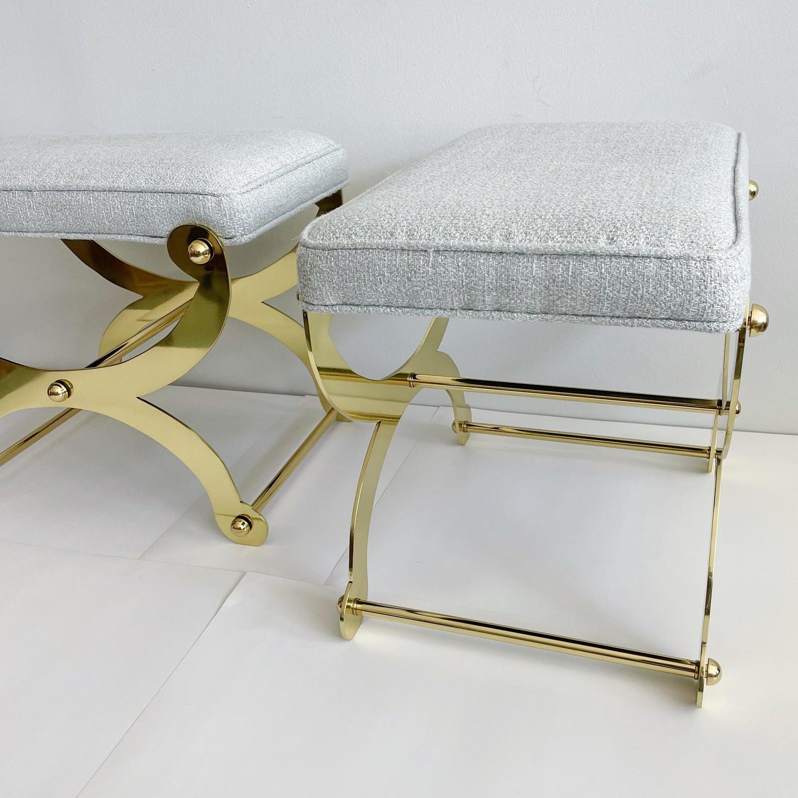 Late 20th Century Vintage Pair Polished Brass Curule X-Frame Regency Maison Jansen Stool Benches