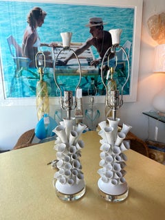 Vintage Pair Porcelain Faux Coral Tubes Table Lamps Lucite Base Newly Wired