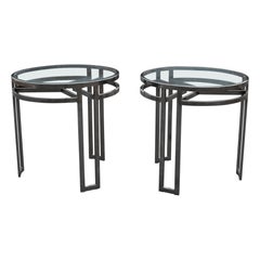 Vintage Pair Post-Modern Side or End Tables Chrome & Glass Architectural Style