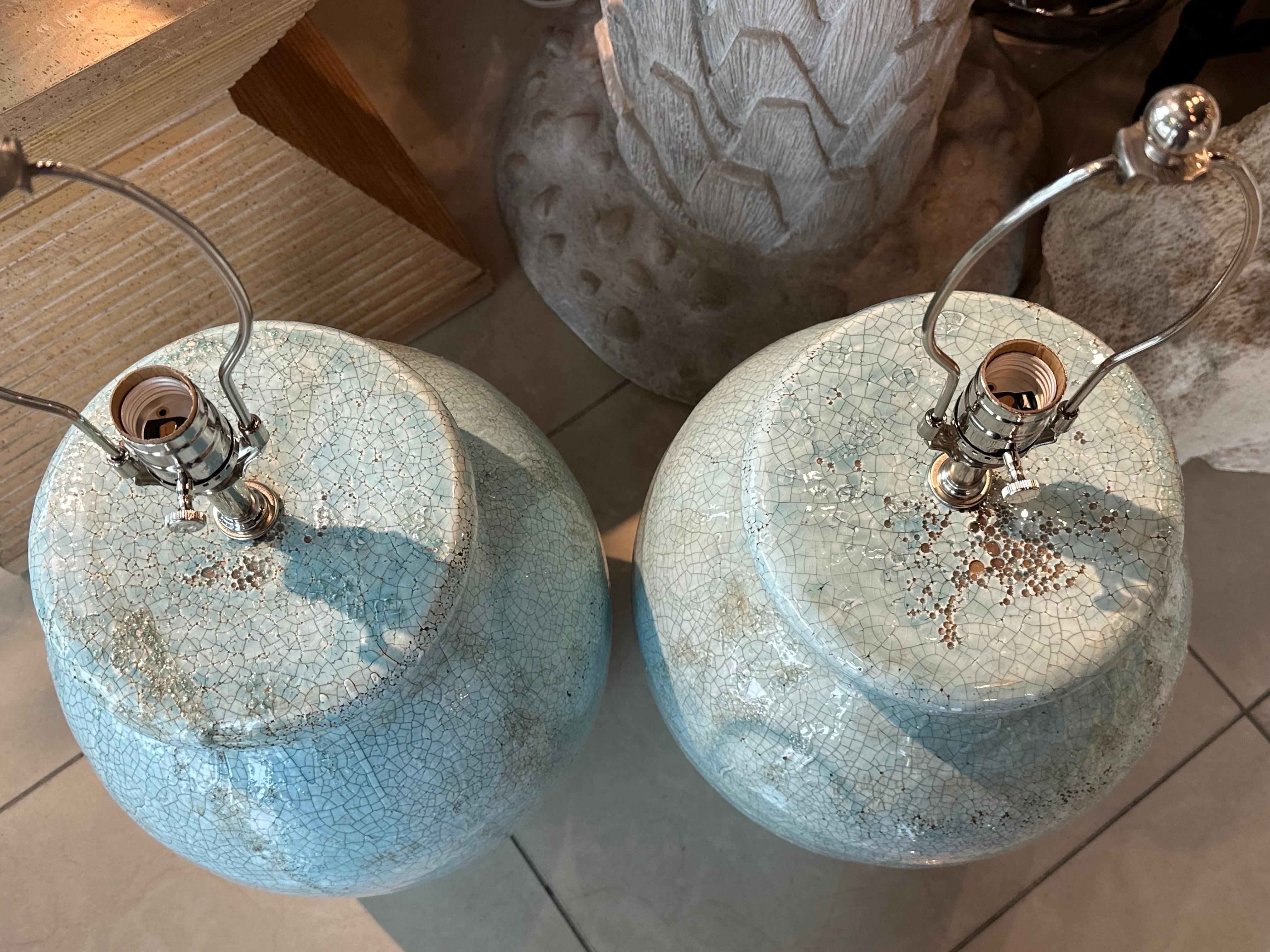 Vintage Pair Pottery Terra Cotta Crackle Glaze  Green Table Lamps Newly Wired 3