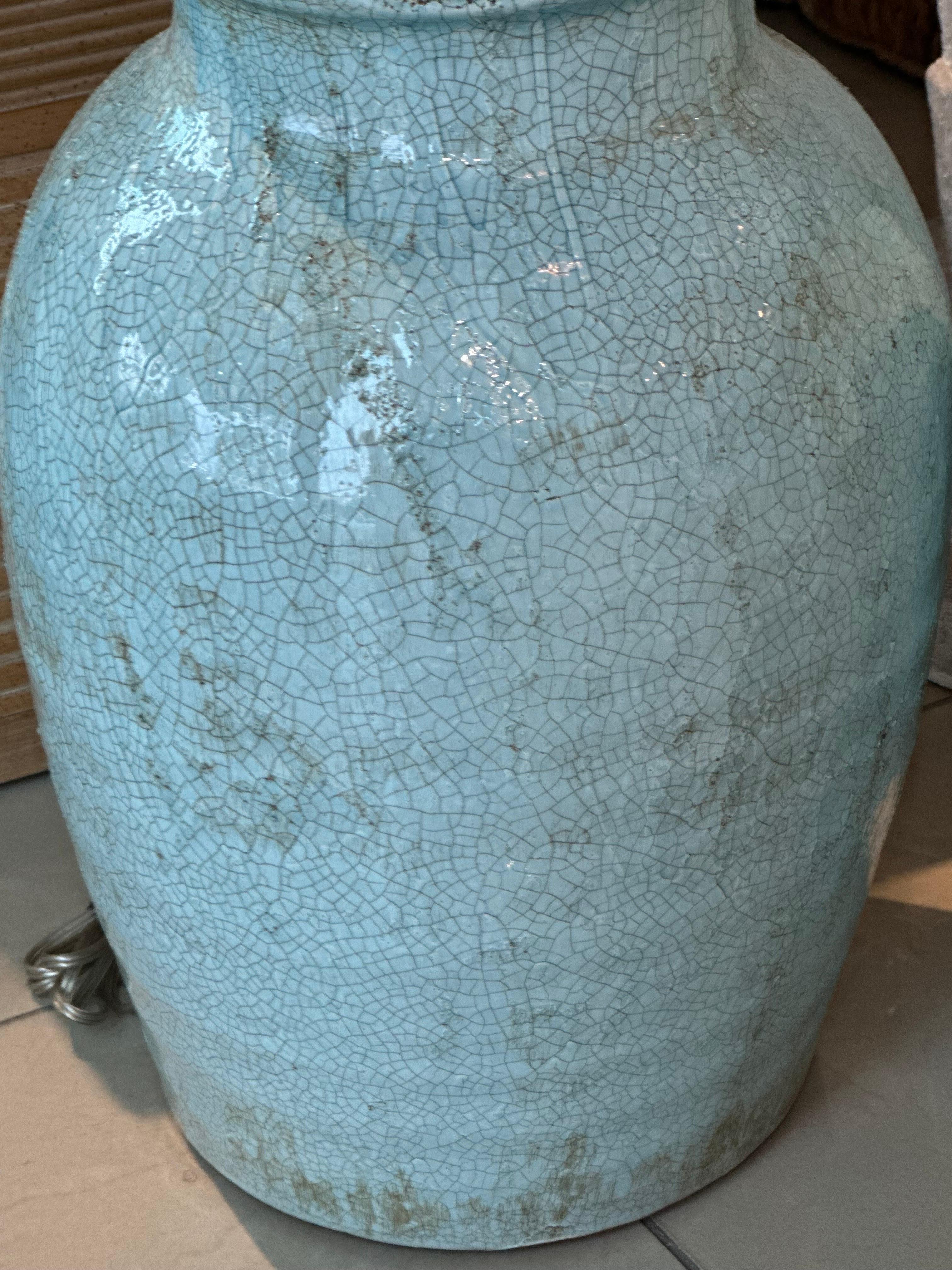 Vintage Pair Pottery Terra Cotta Crackle Glaze  Green Table Lamps Newly Wired 4