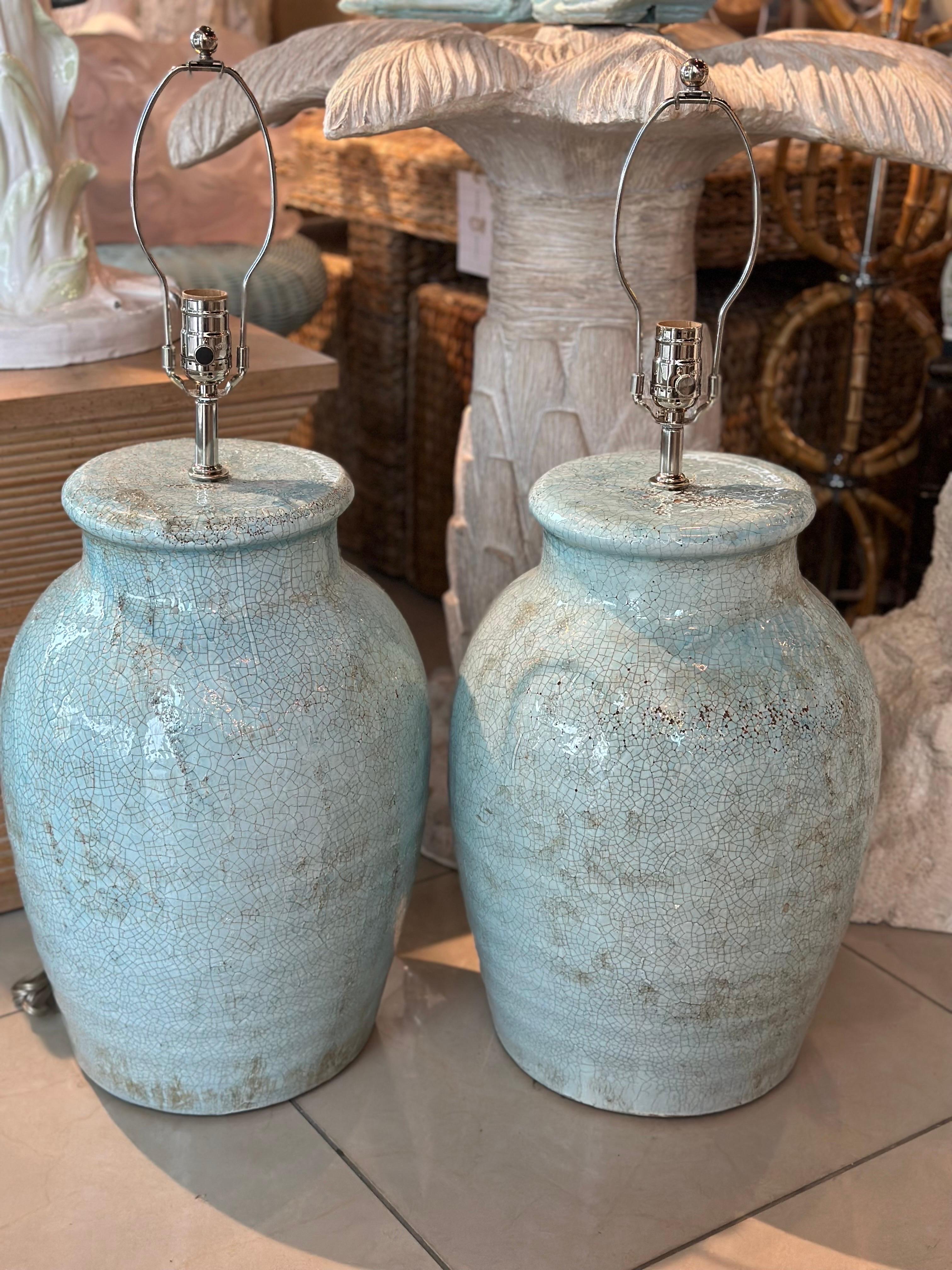 Vintage Pair Pottery Terra Cotta Crackle Glaze  Green Table Lamps Newly Wired 5