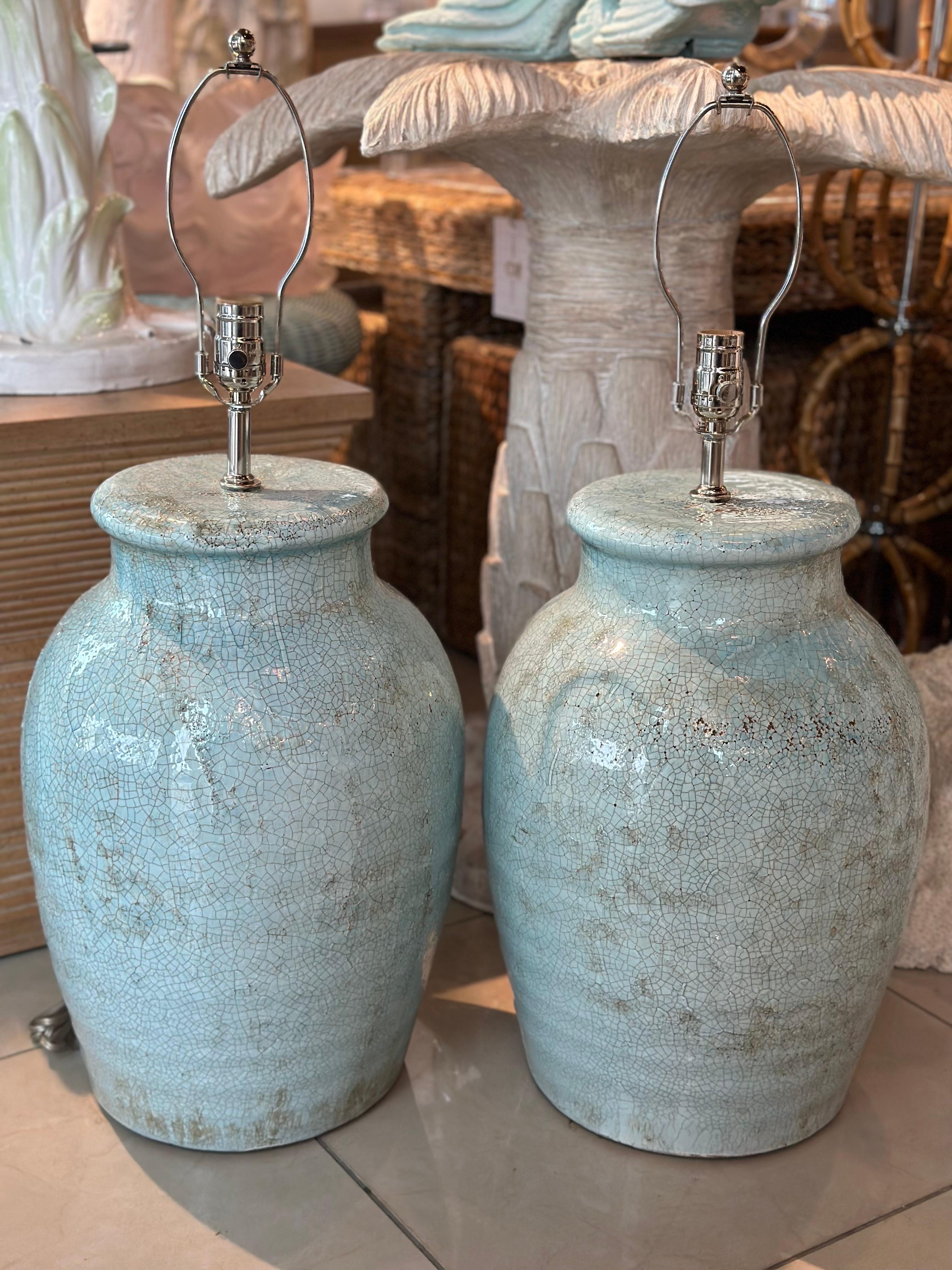 Vintage Pair Pottery Terra Cotta Crackle Glaze  Green Table Lamps Newly Wired 6