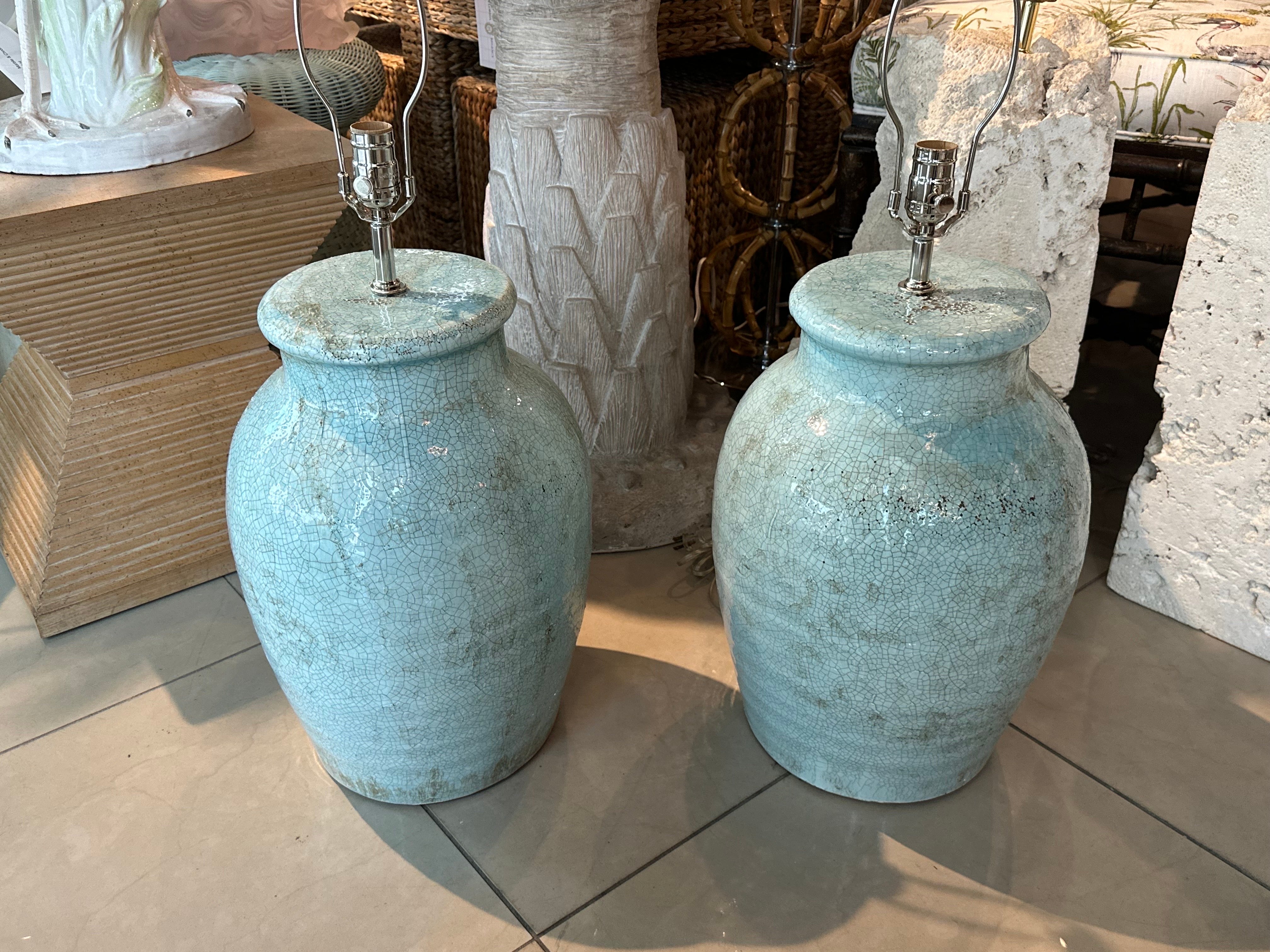 Mid-Century Modern Vintage Pair Pottery Terra Cotta Crackle Glaze  Green Table Lamps Newly Wired