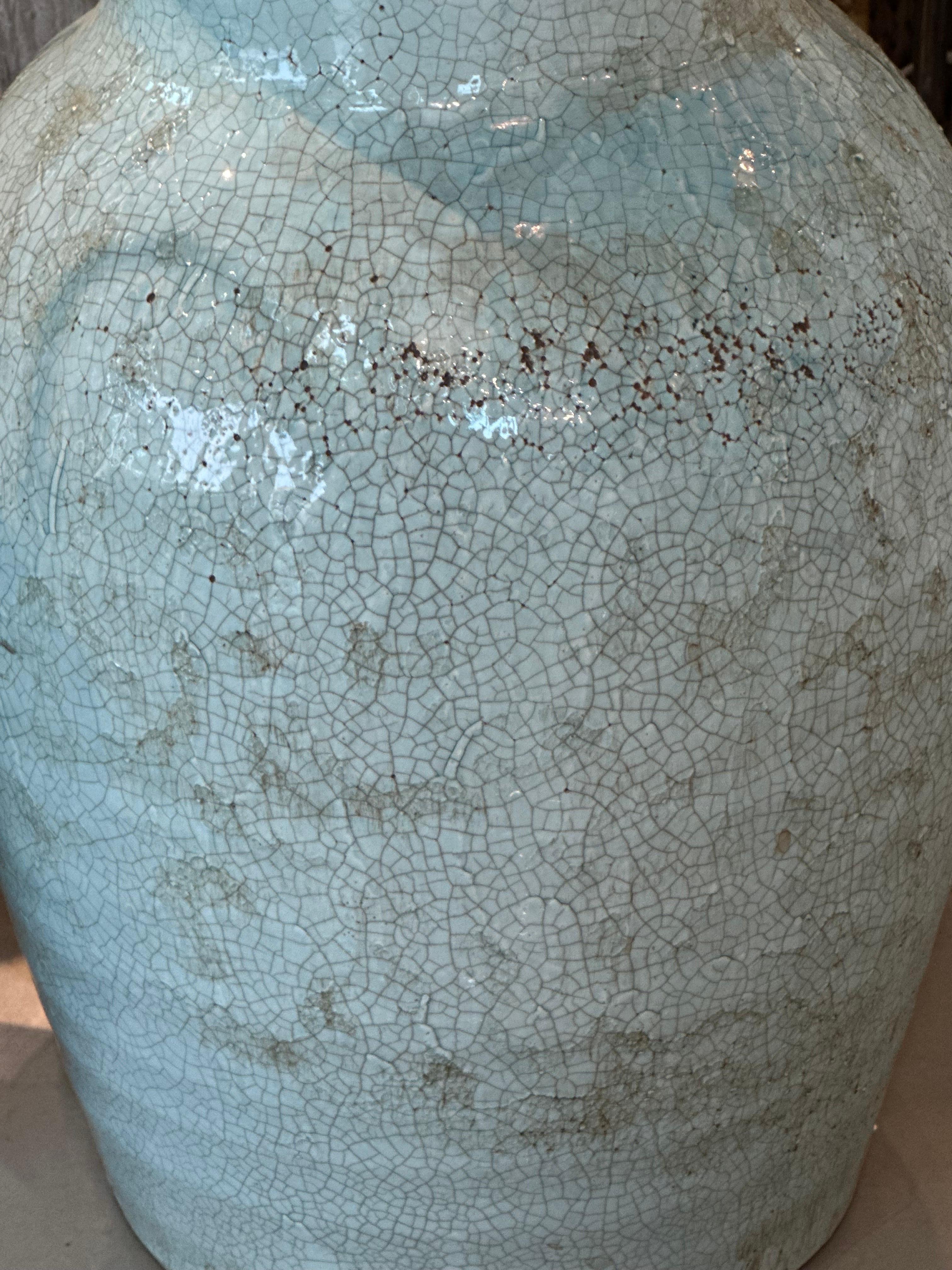 American Vintage Pair Pottery Terra Cotta Crackle Glaze  Green Table Lamps Newly Wired