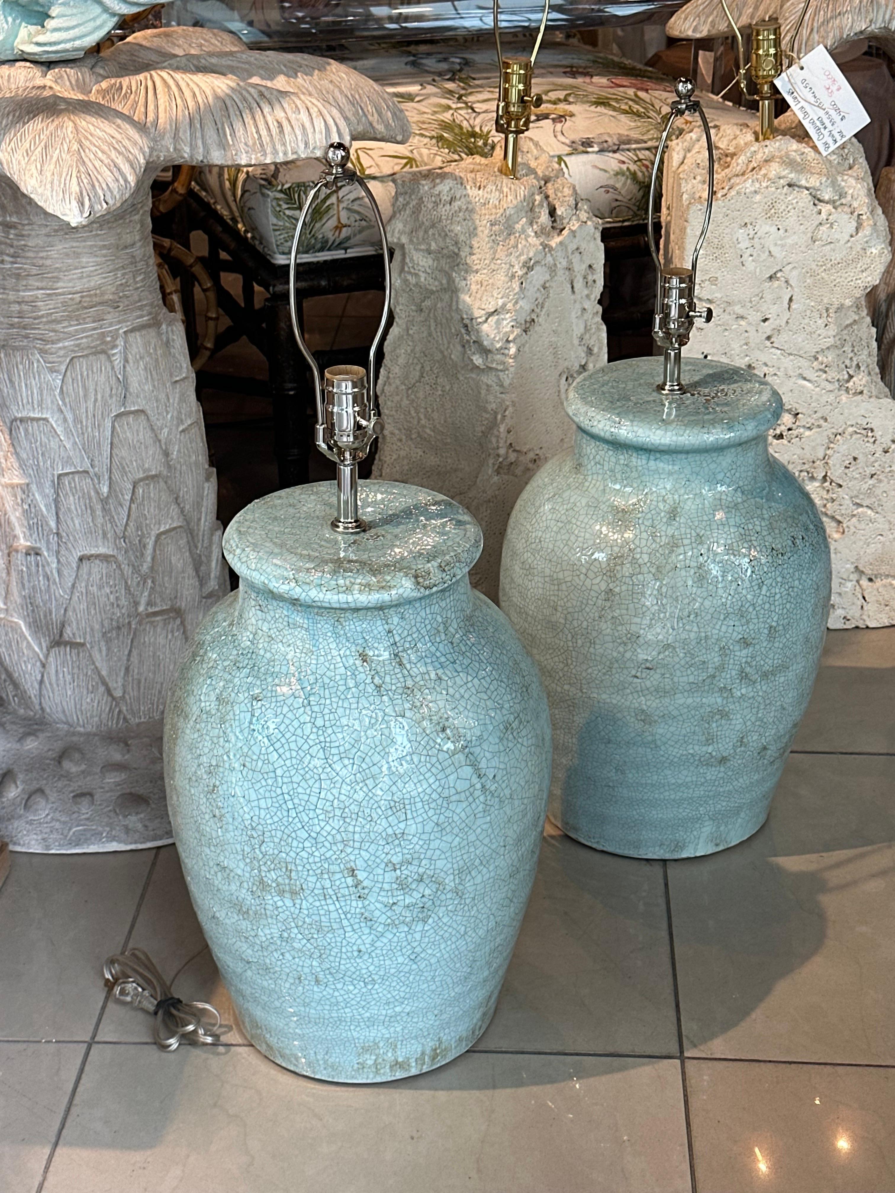 Vintage Pair Pottery Terra Cotta Crackle Glaze  Green Table Lamps Newly Wired In Good Condition In West Palm Beach, FL
