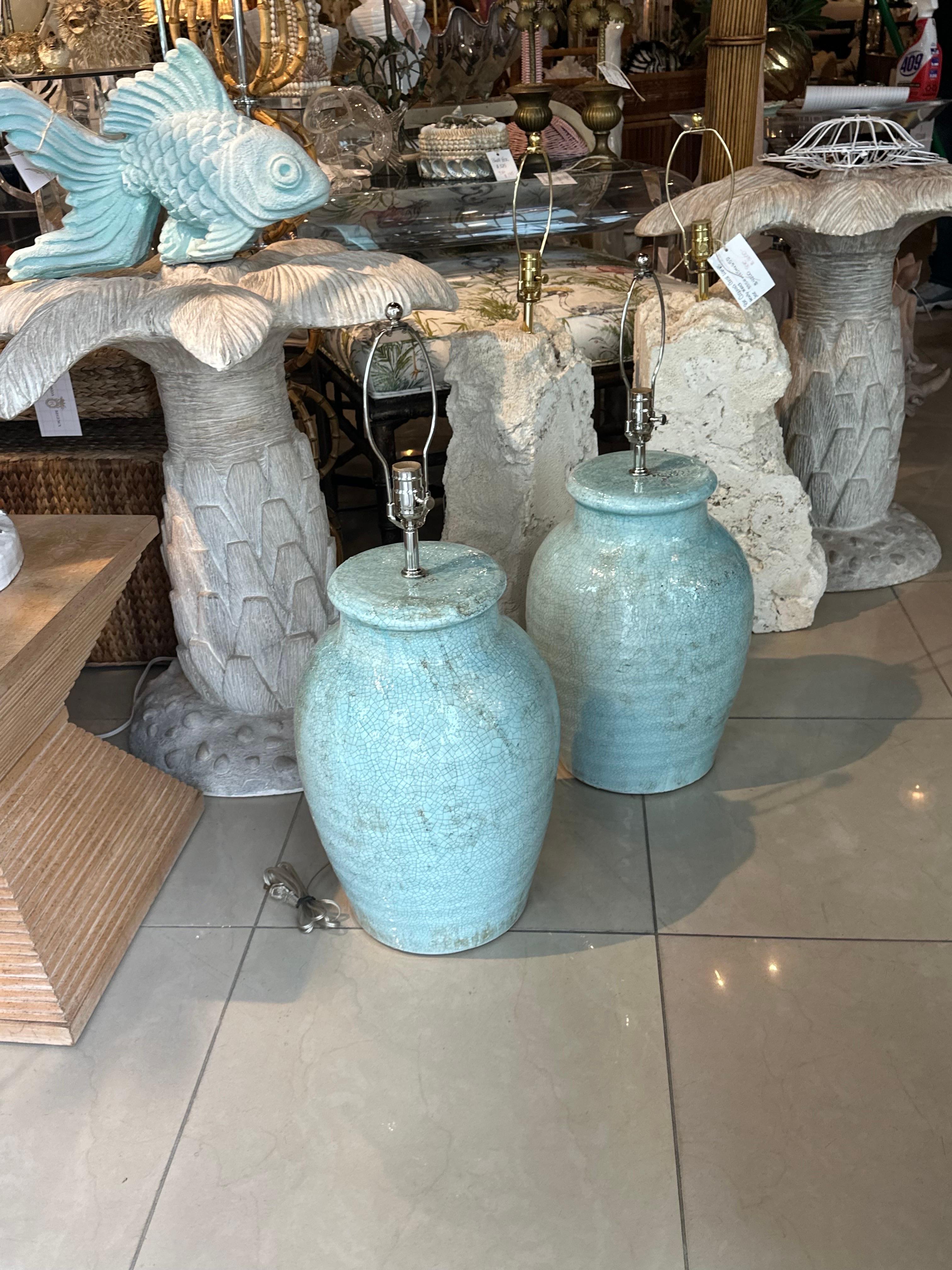 Late 20th Century Vintage Pair Pottery Terra Cotta Crackle Glaze  Green Table Lamps Newly Wired